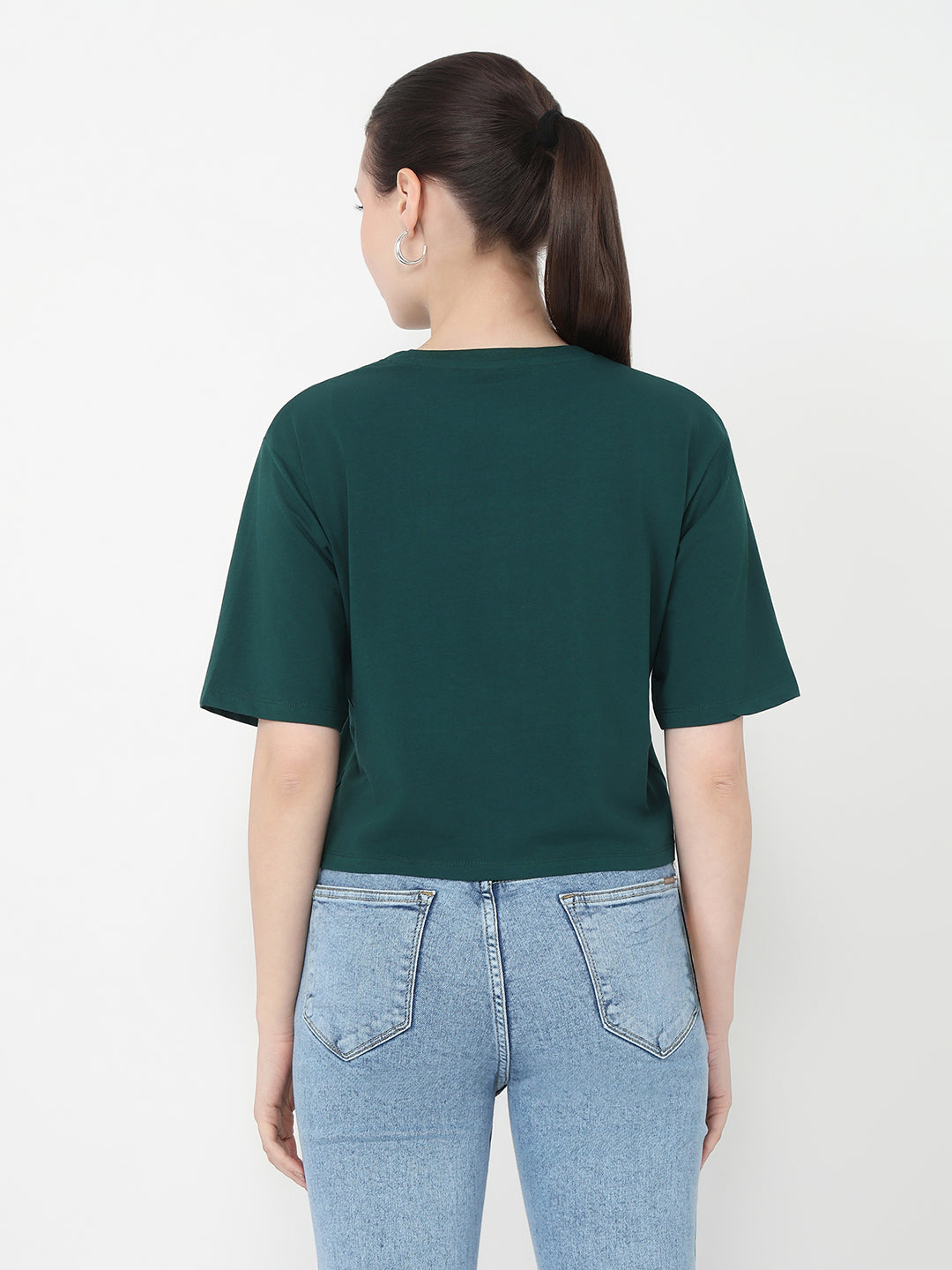 Women Bottle Green Slim Fit Graphic Crop T-Shirt