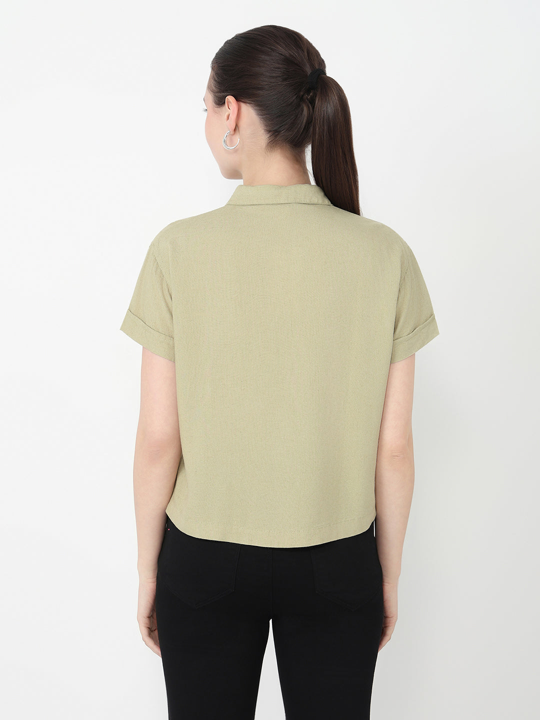 Women Light Olive Slim Fit Crop Shirt