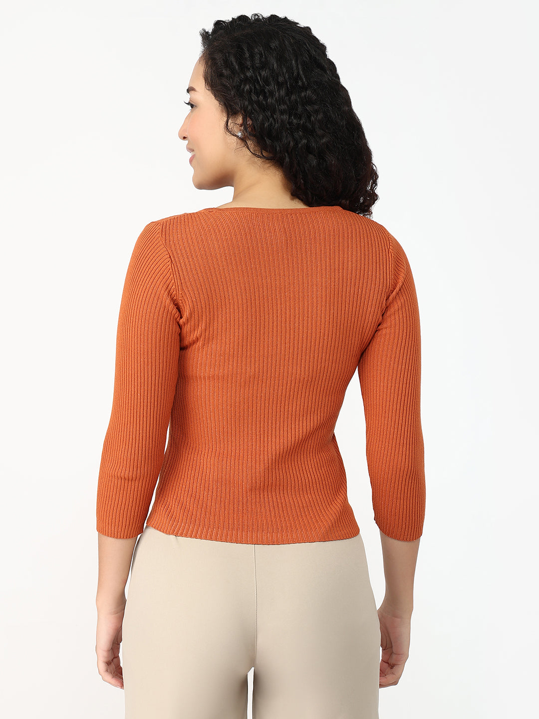 Women Burnt Orange Slim Fit Flat Knit