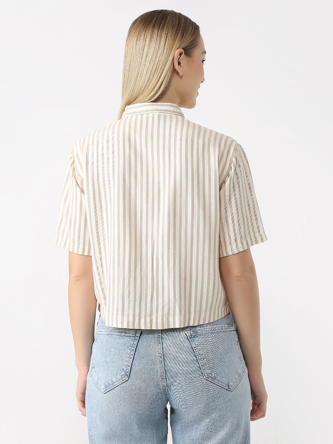 Women Beige/Ivory Crop Stripe Shirt