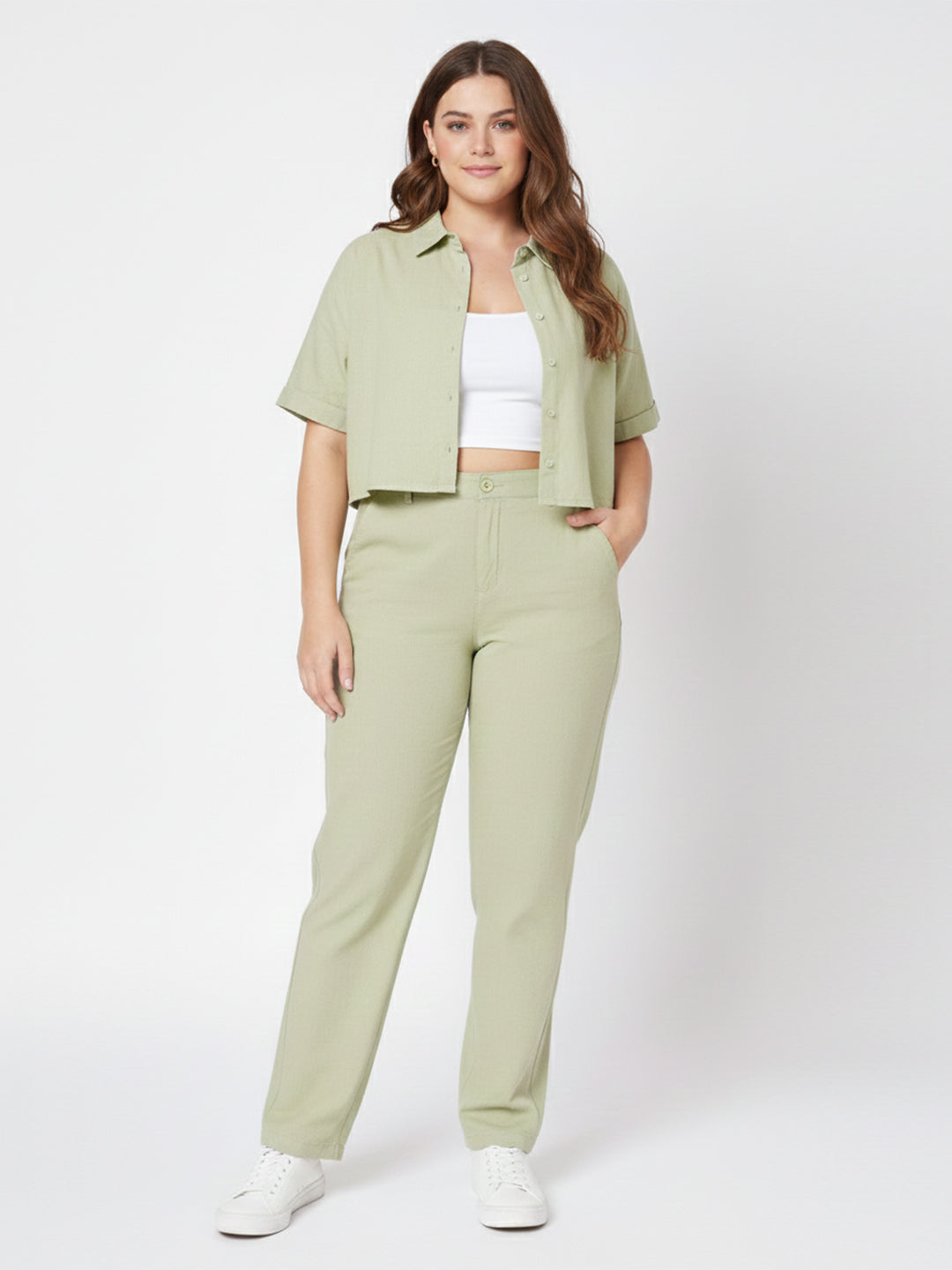 Women Light Olive High-Rise Straight Fit Korean Pants