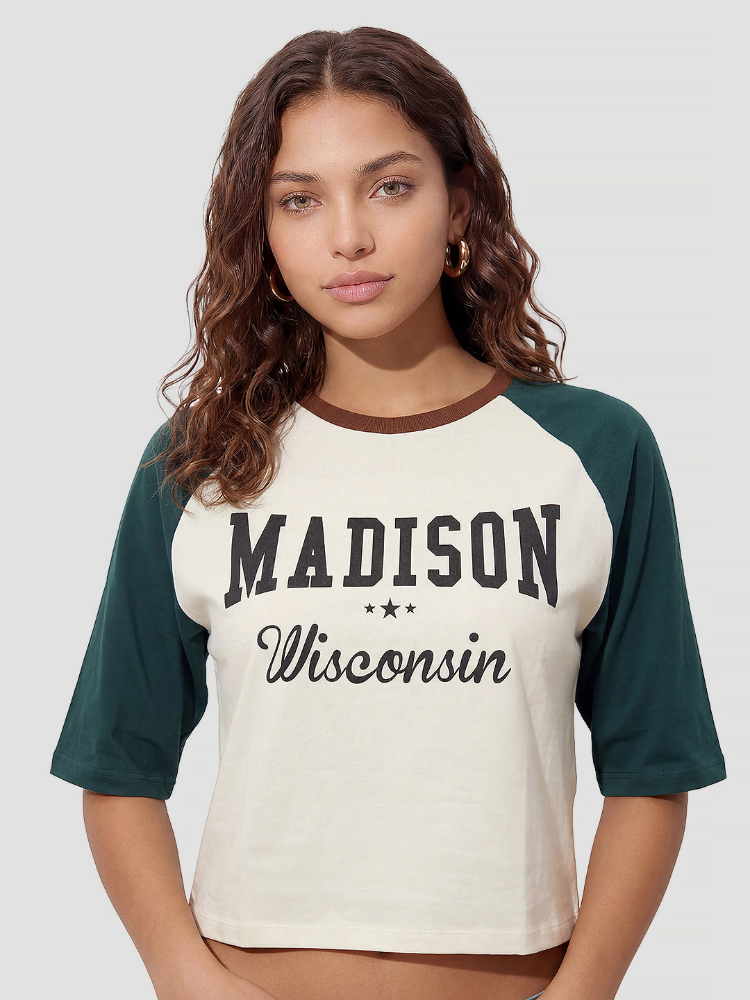 Women Ivory/Green Graphic Crop Tees