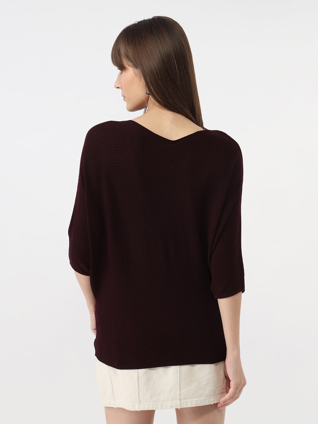 Women Wine Slim Batsleeve Top