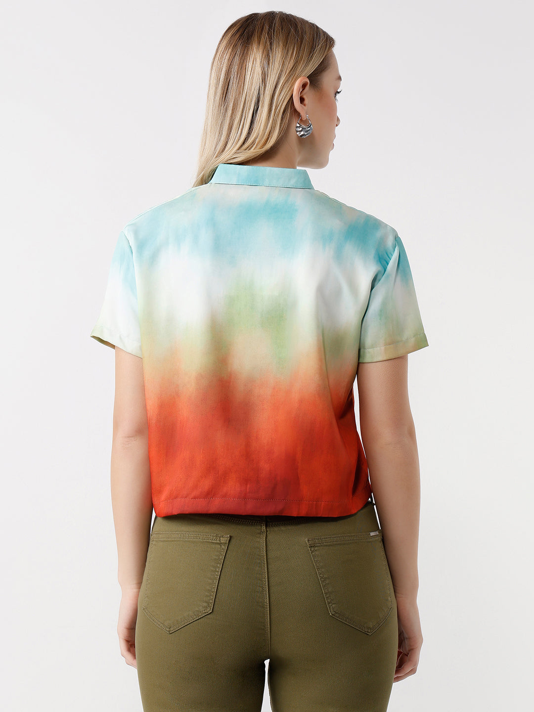 Women Rust/Aqua Slim Fit Crop Shirt