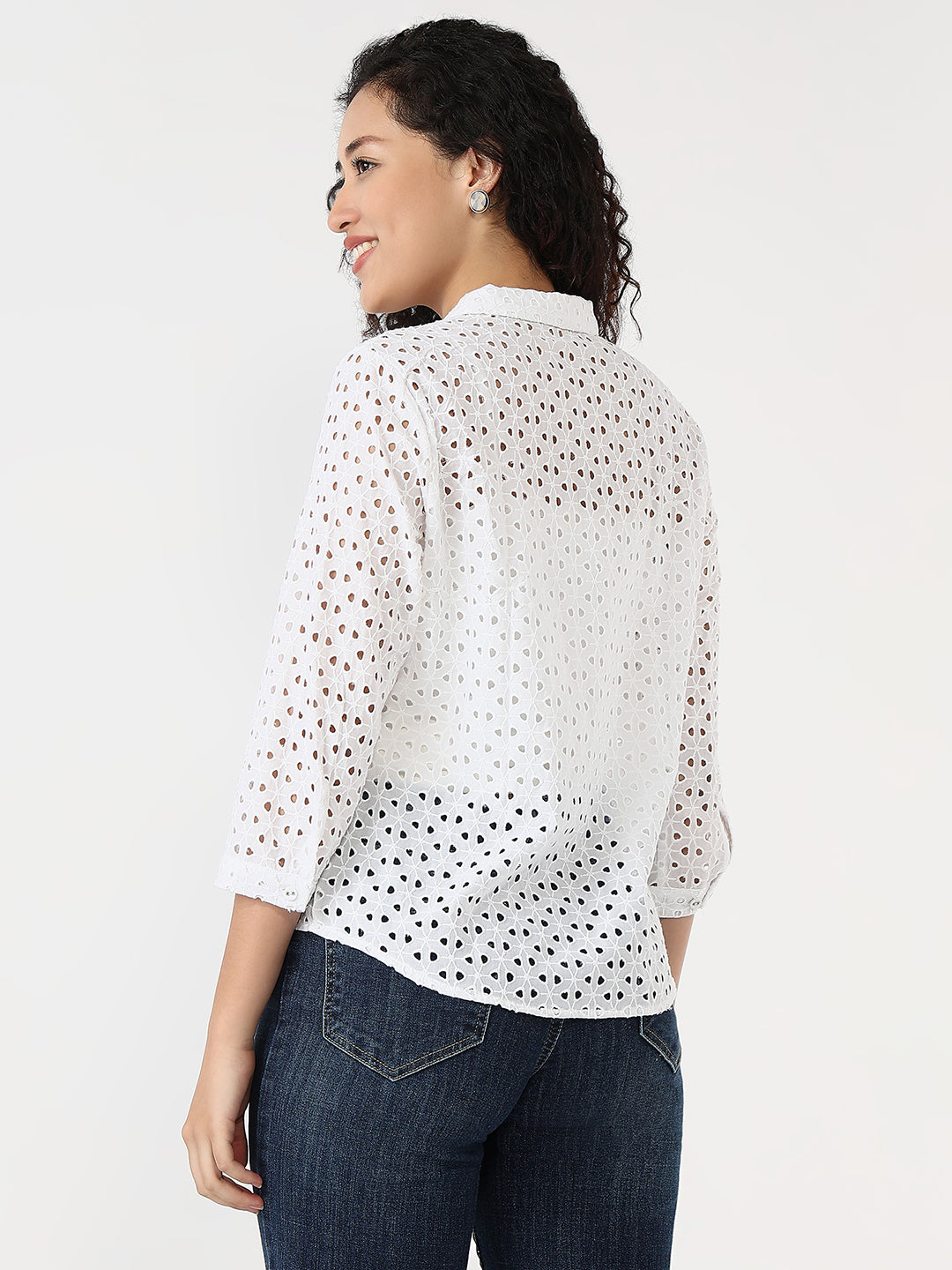 Women White Slim Schiffli Shirt