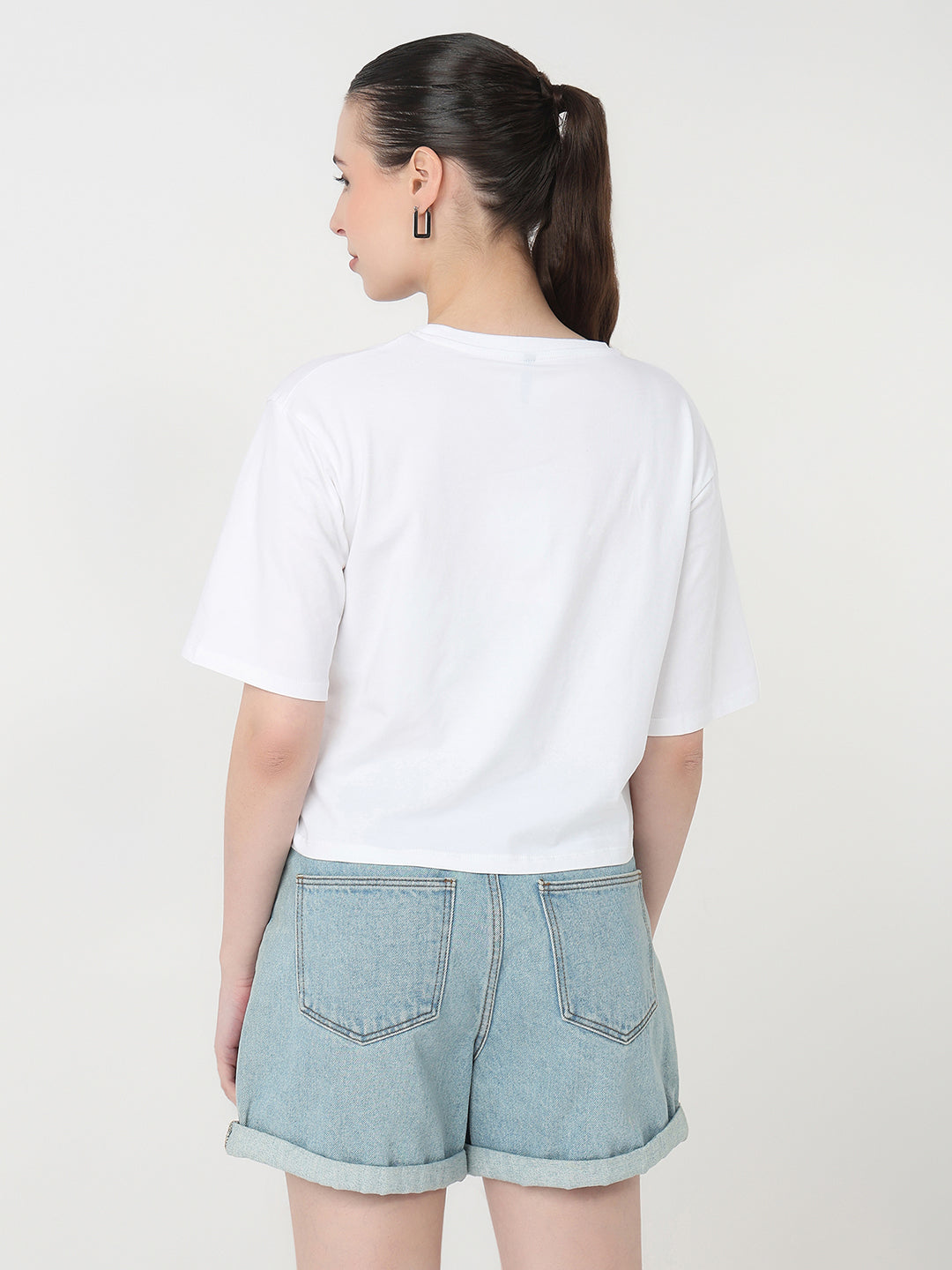 Women White Slim Fit Graphic Crop T-Shirt