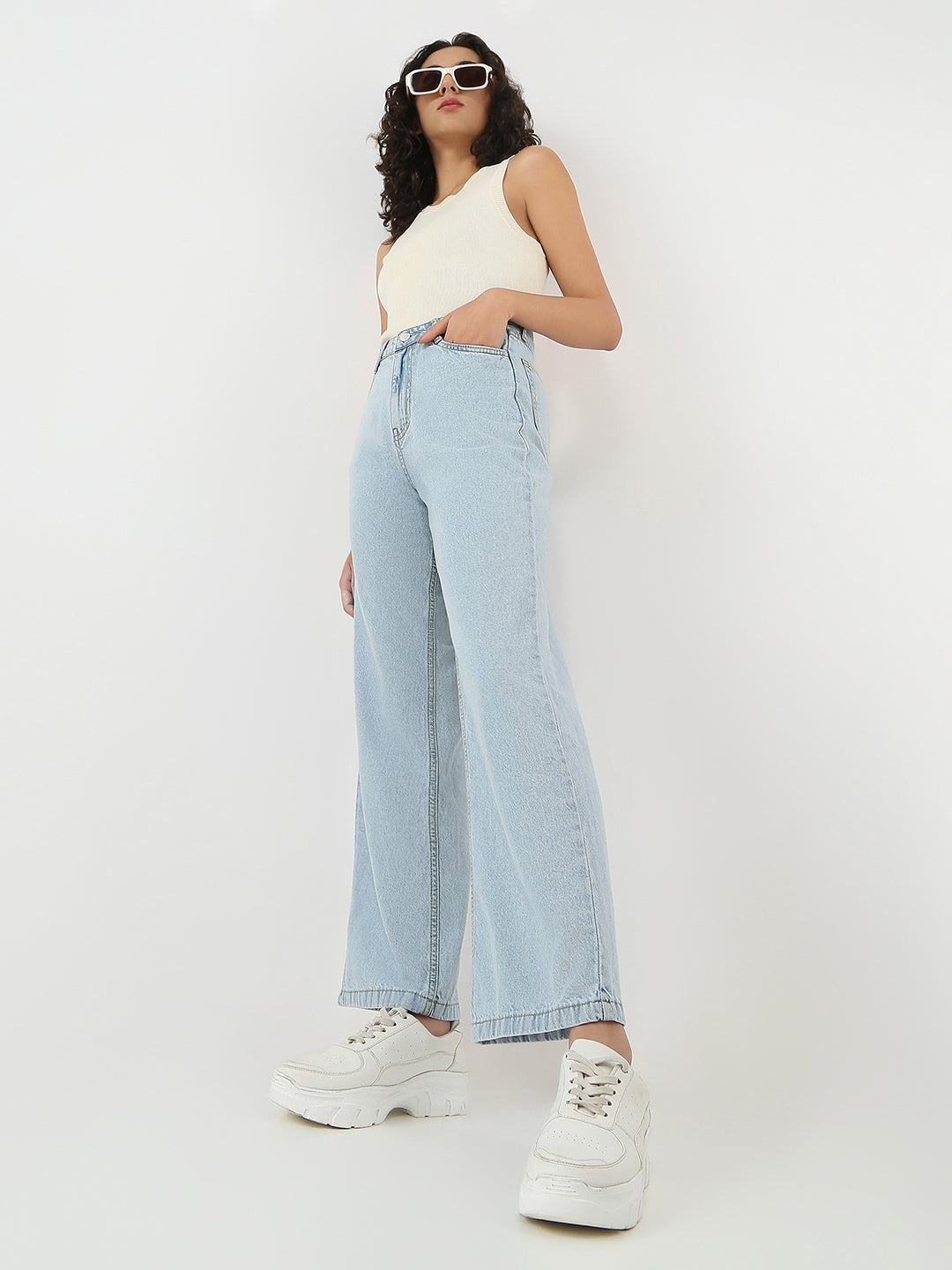Women Light Blue High-Rise Wide Leg Jeans