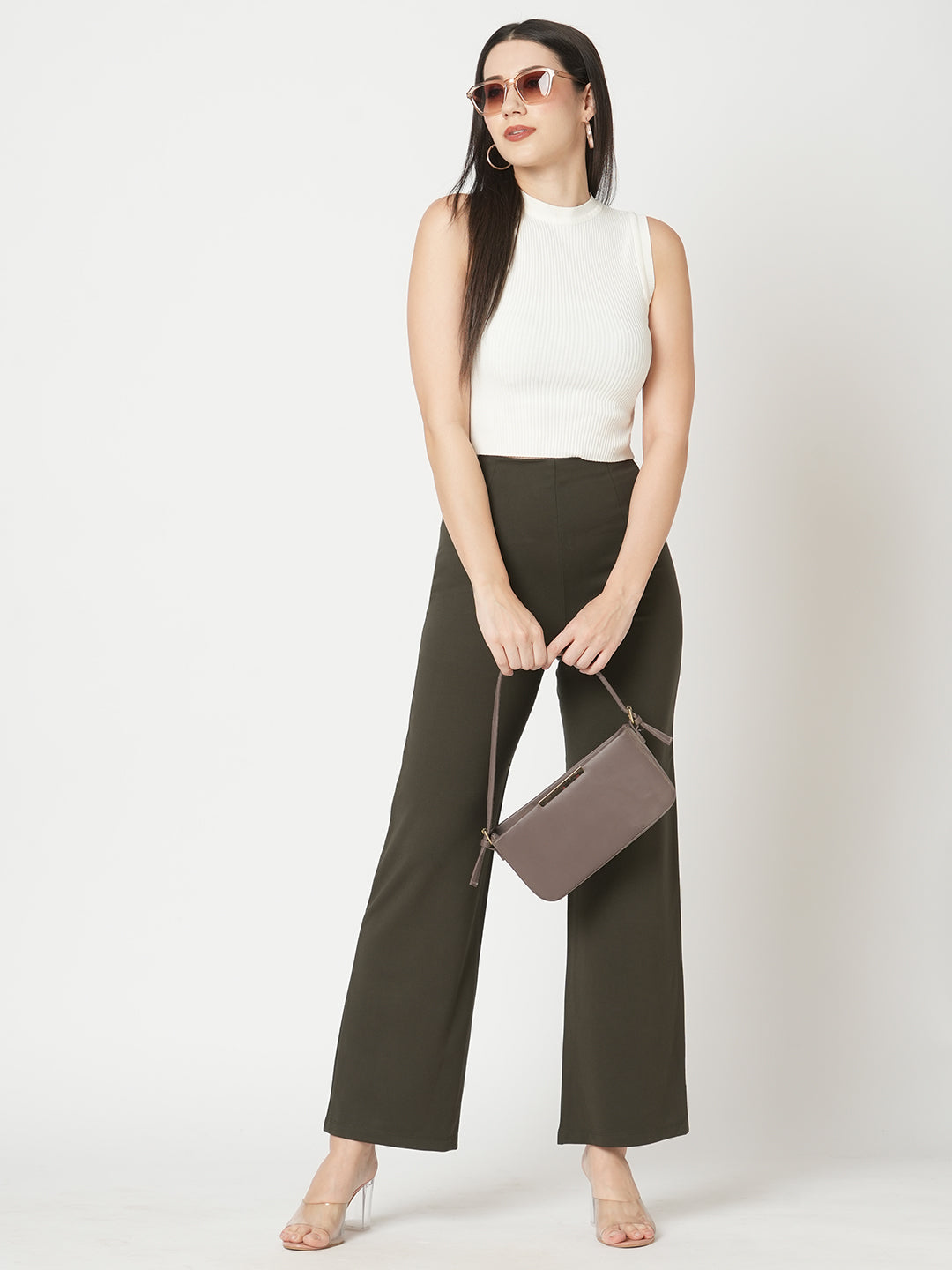 Women Olive Straight Wide Leg Treggings
