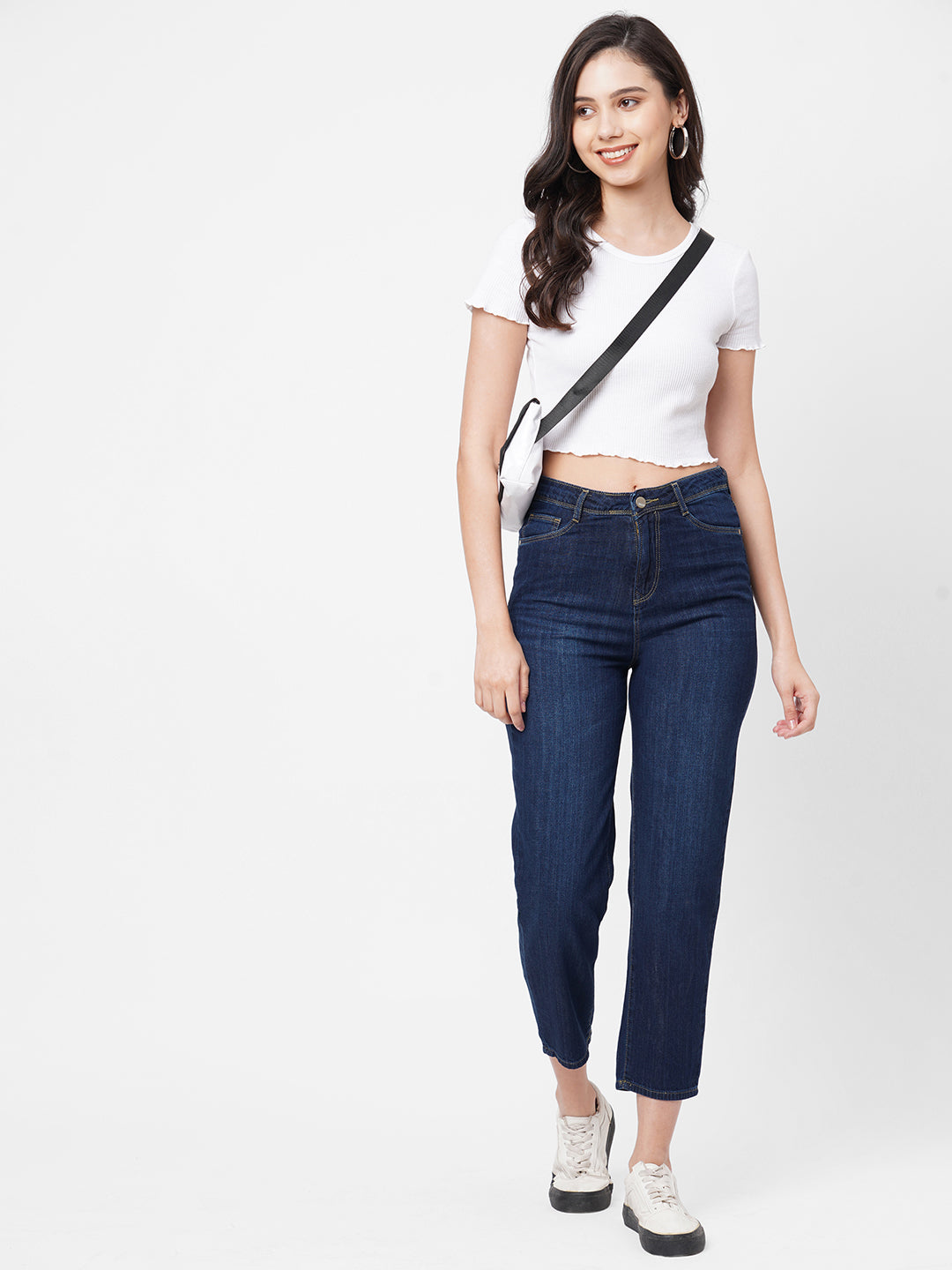 Women Dark Blue High-Rise Mom Fit Jeans