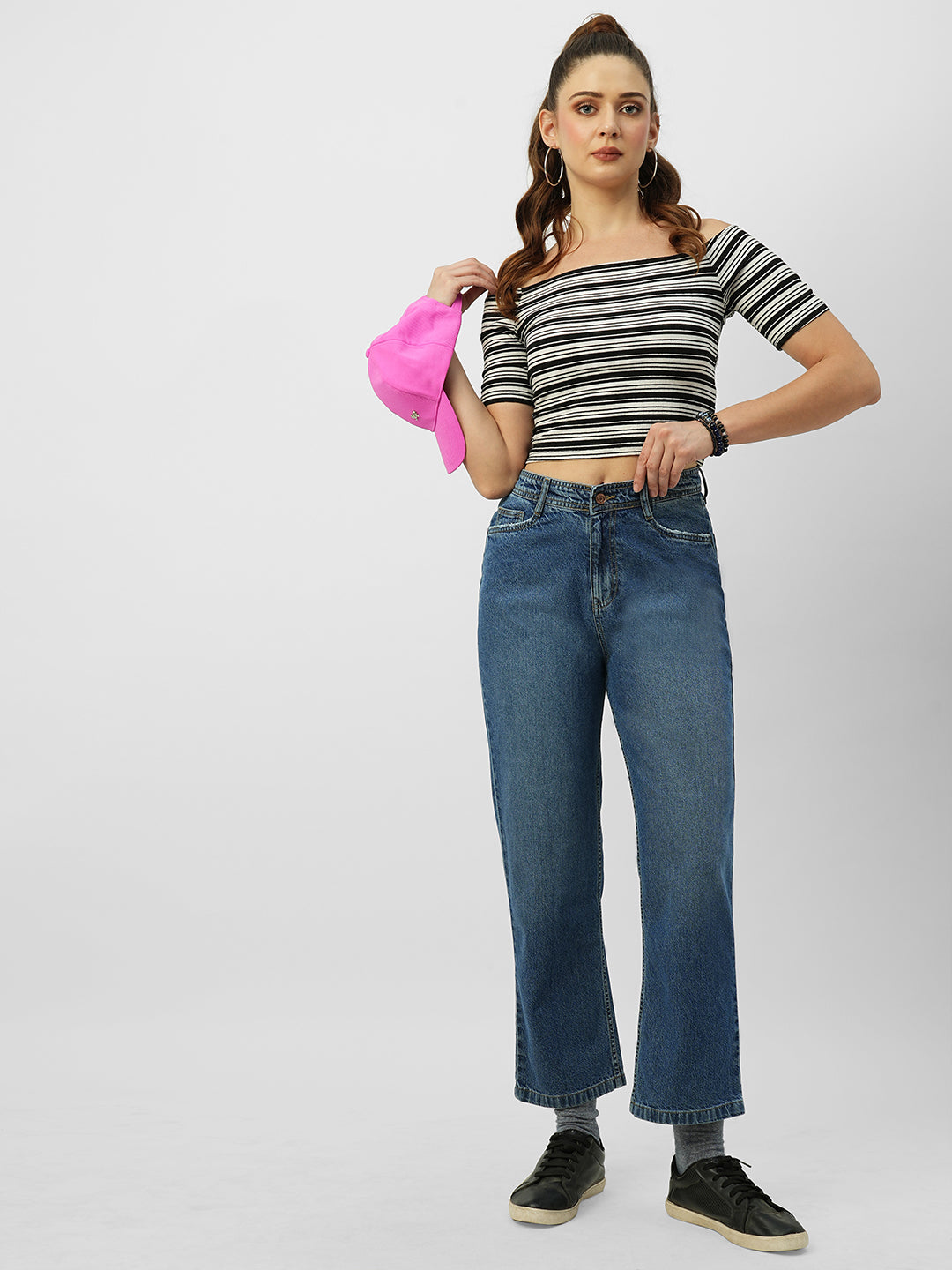 Women Dark Blue High-Rise Loose Straight Jeans