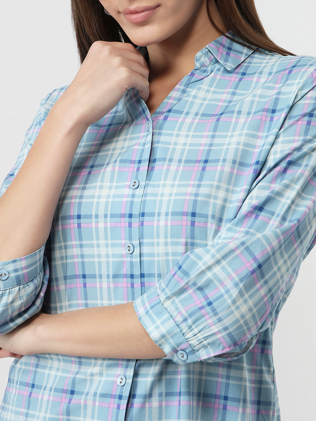 Women Powder Blue Checks Slim Fit Shirt
