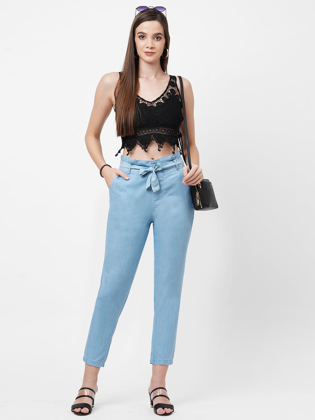 Women Light Blue Paper Bag Pants