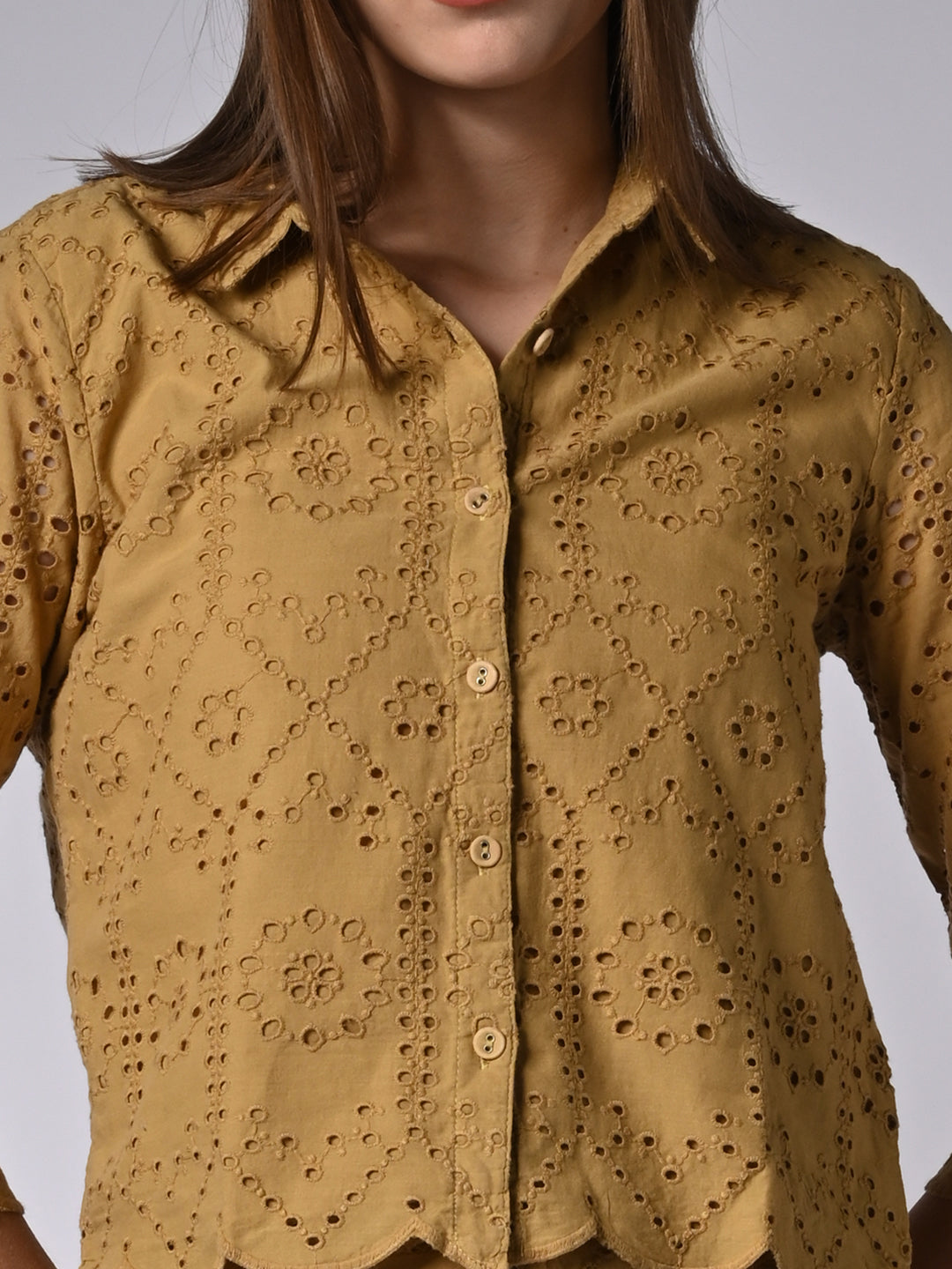 Women Self Design Mustard Shirt