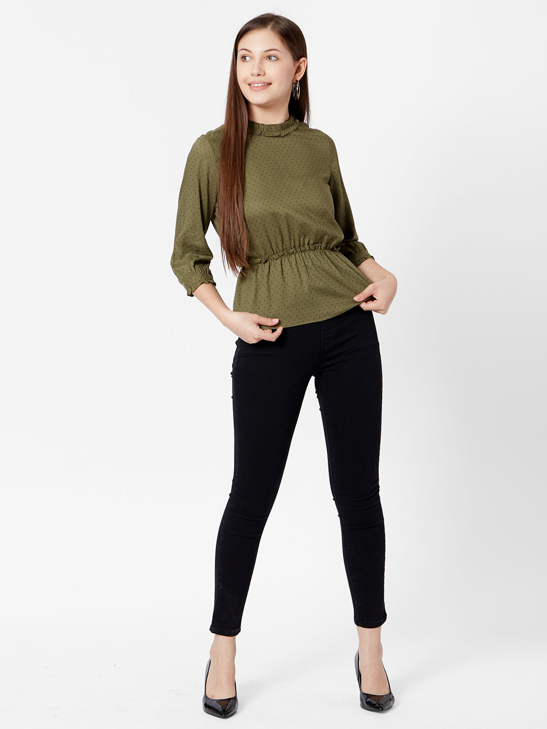Women Olive Polka Dot Top