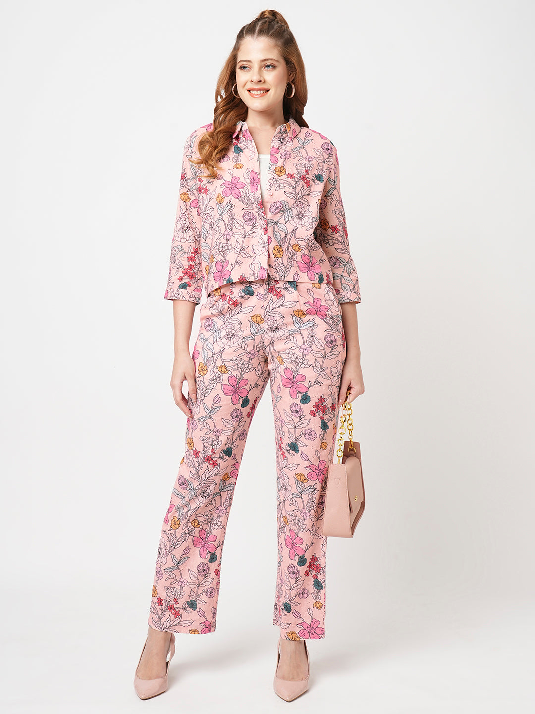 Women Soft Pink High-Rise Loose Straight Pants
