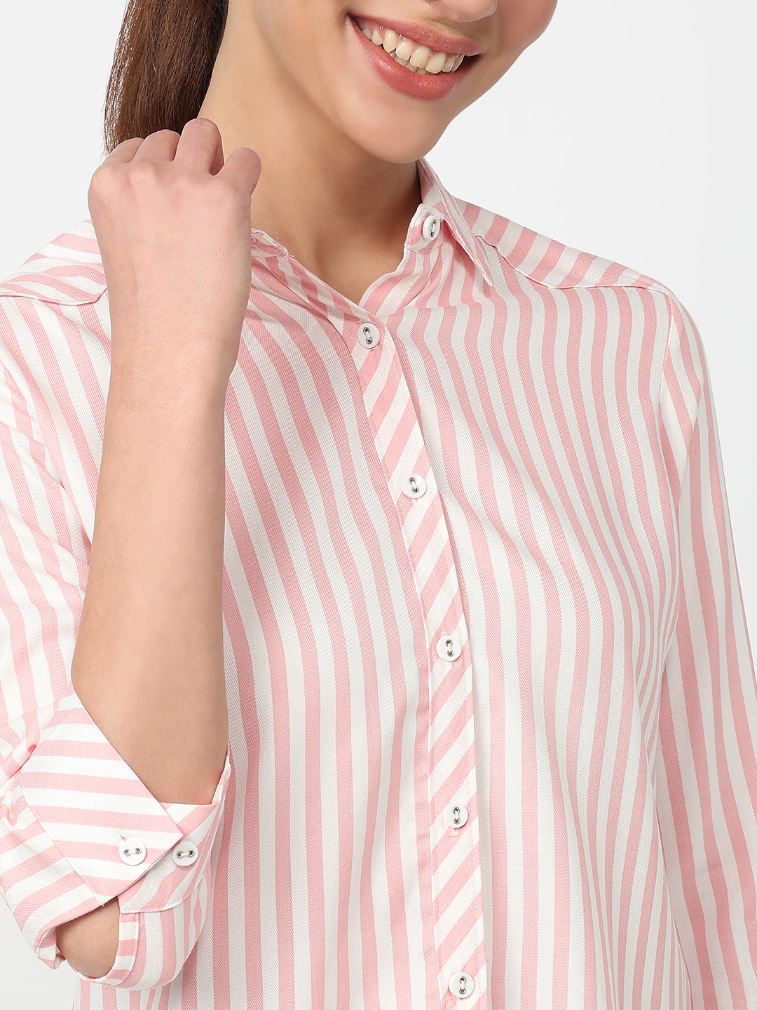 Women Peach Pink/White Striped Shirt