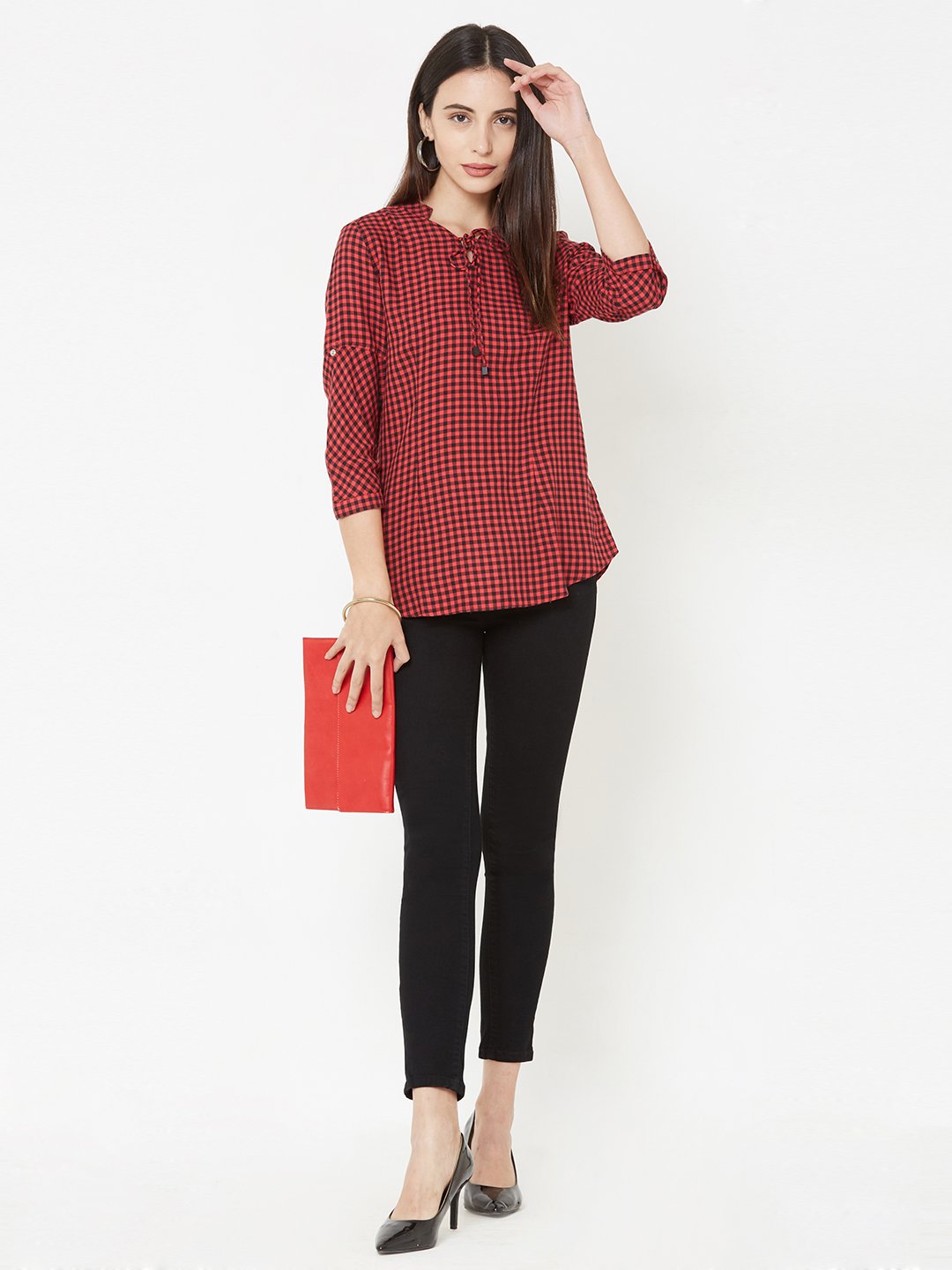 Women Checked With Tie-Up Neckline Top