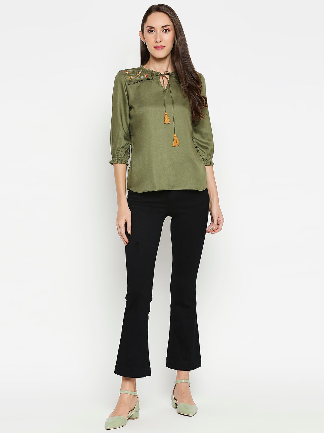 Women Olive Embroidery Top