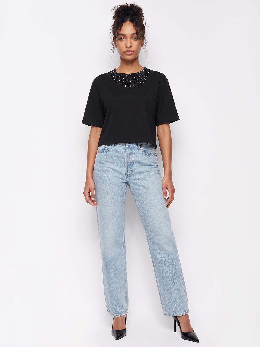 Black Rhinestones Crop Tees