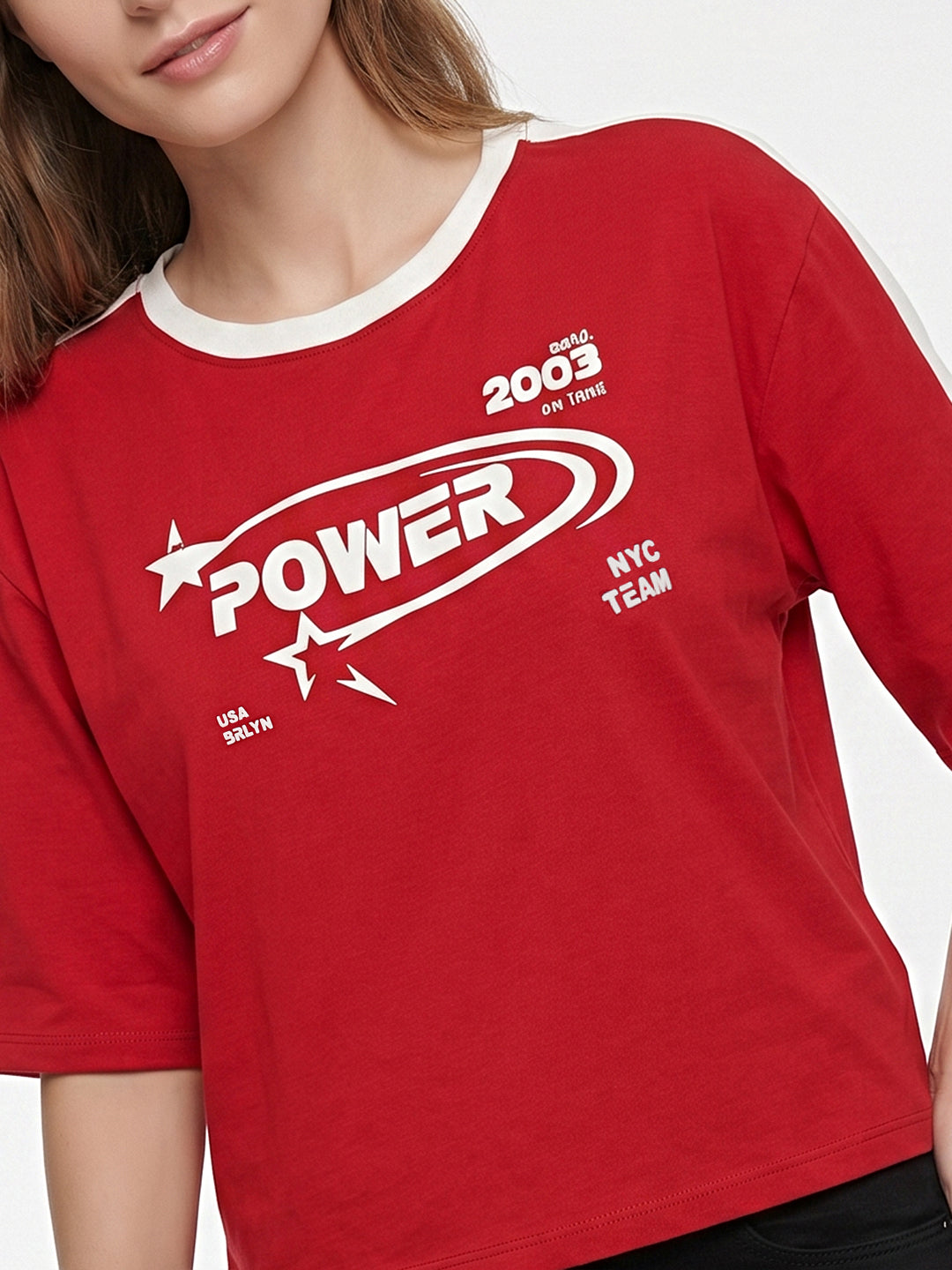 Women Red Graphic Crop Genz Tees