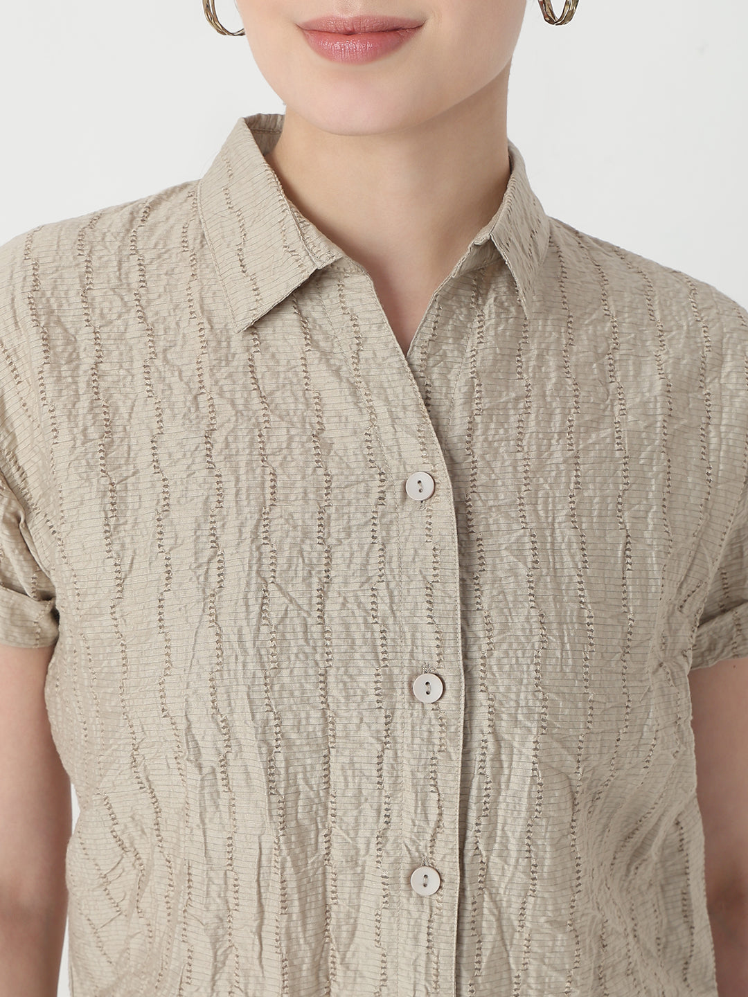 Women Pumic Stone Slim Fit Crop Shirt