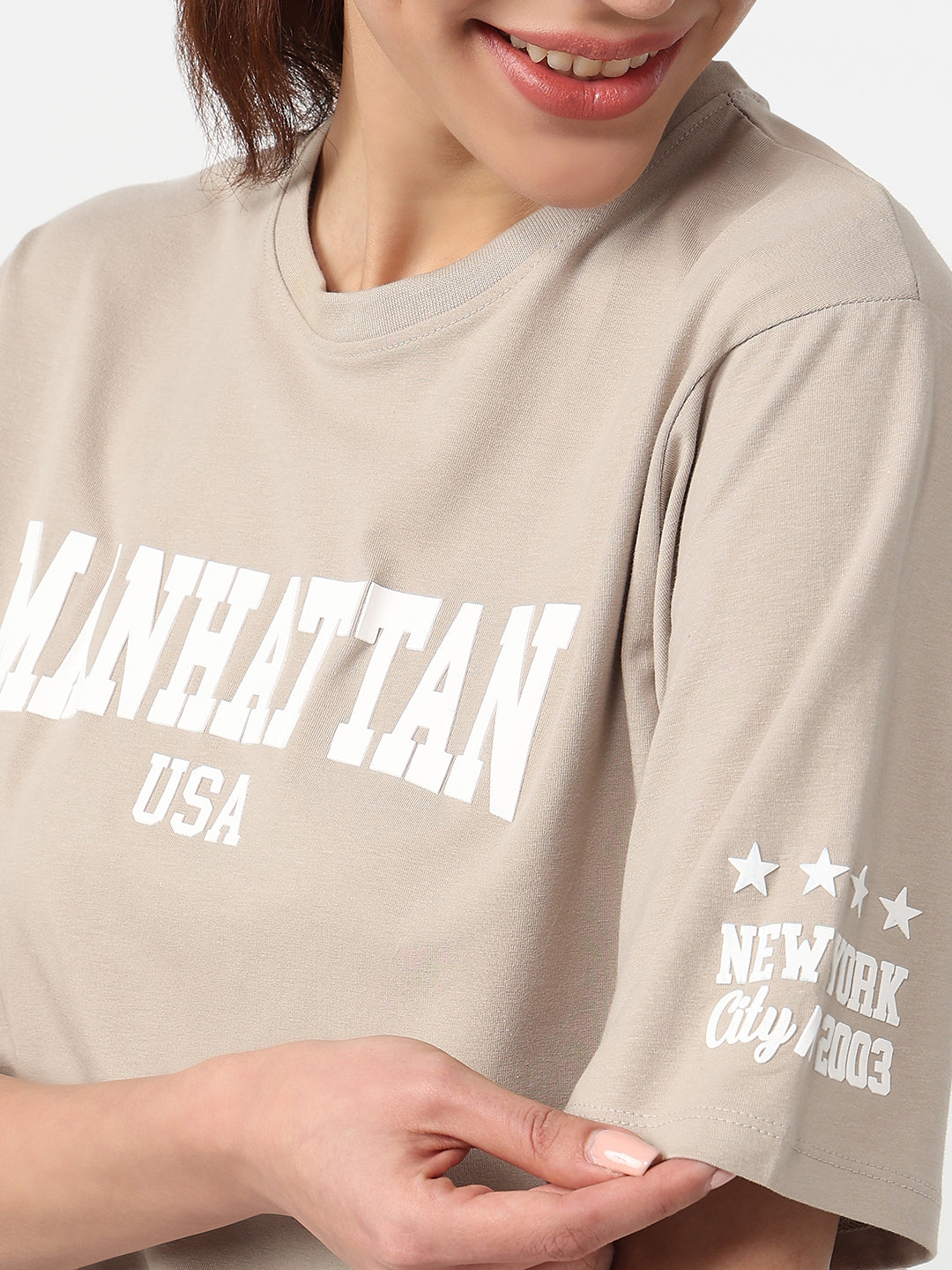 Women Light Oyester Graphic Crop Tees