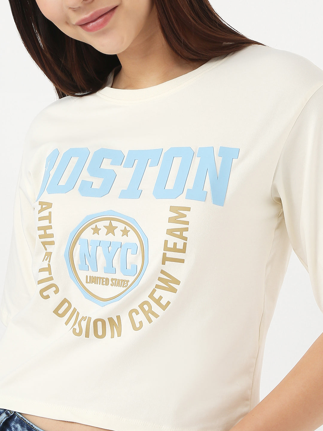 Women Ivory Slim Crop Graphic T-Shirt