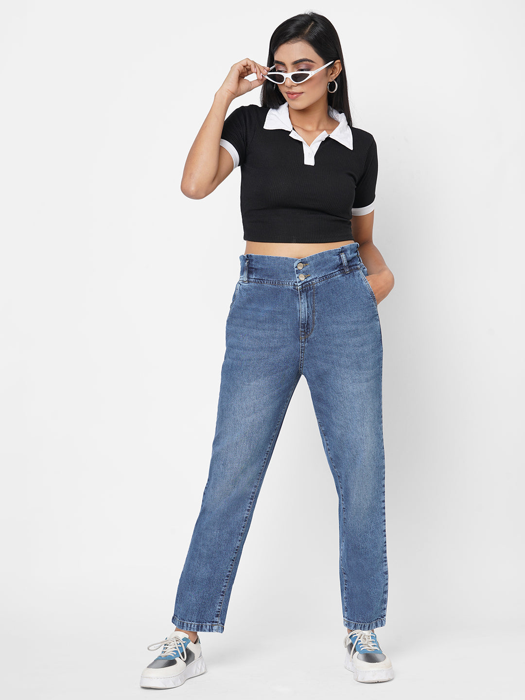 Women Blue High-Rise Baggy Jeans