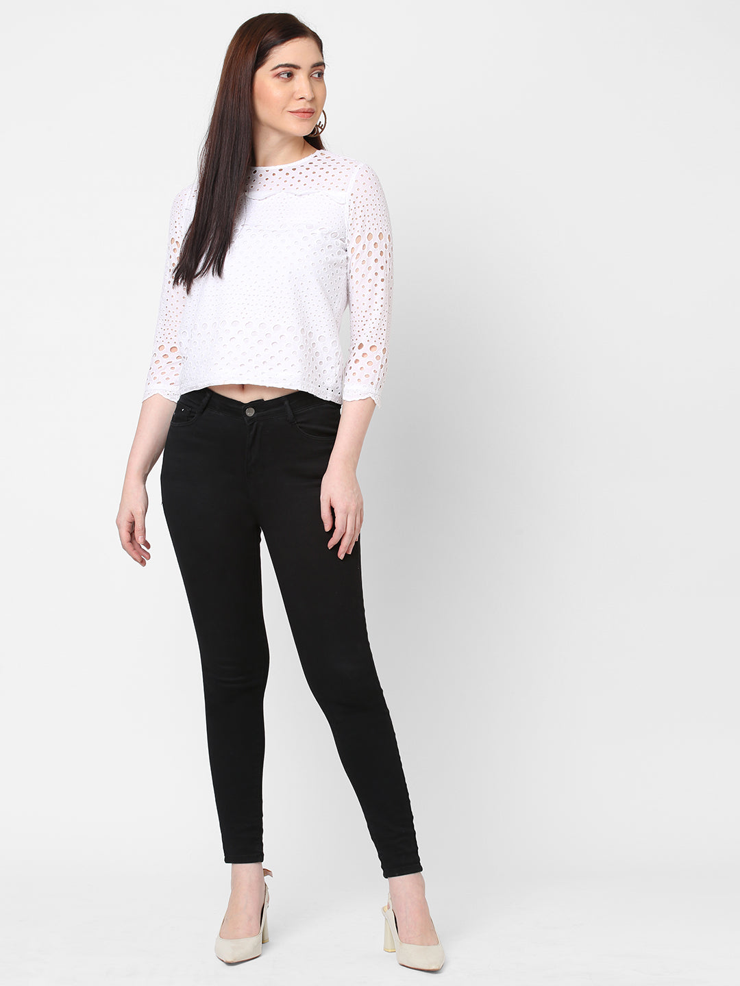 Women Schiffli Embroidered Slim Fit Crop Top