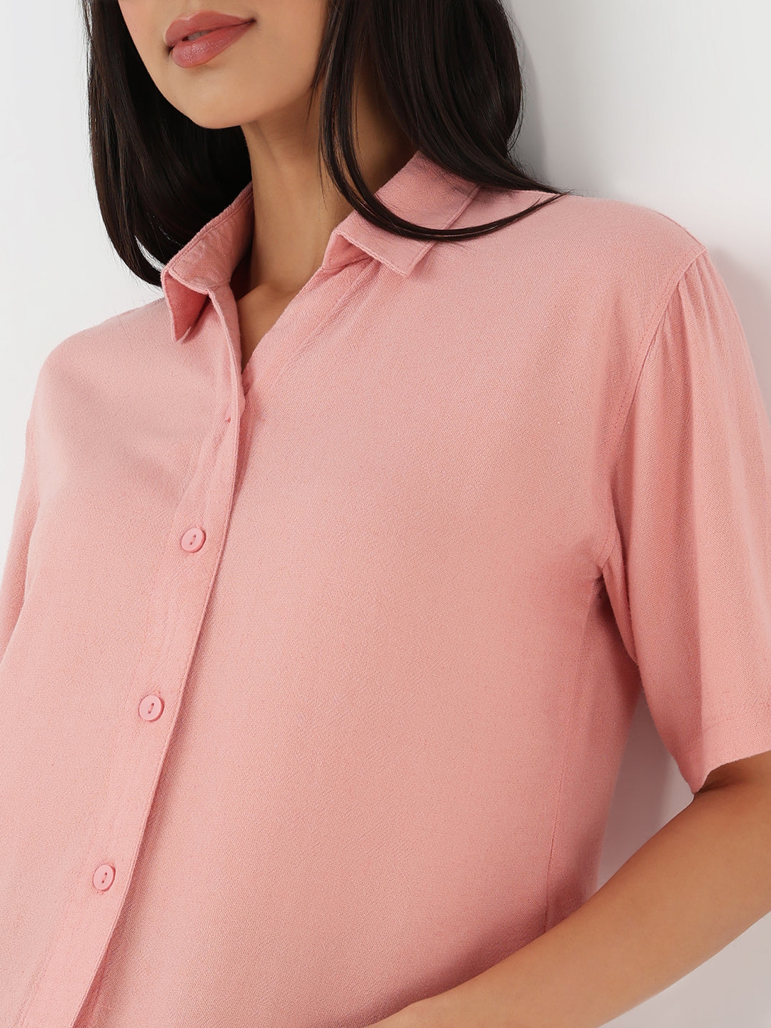 Women Blush Pink Slim Crop Shirt