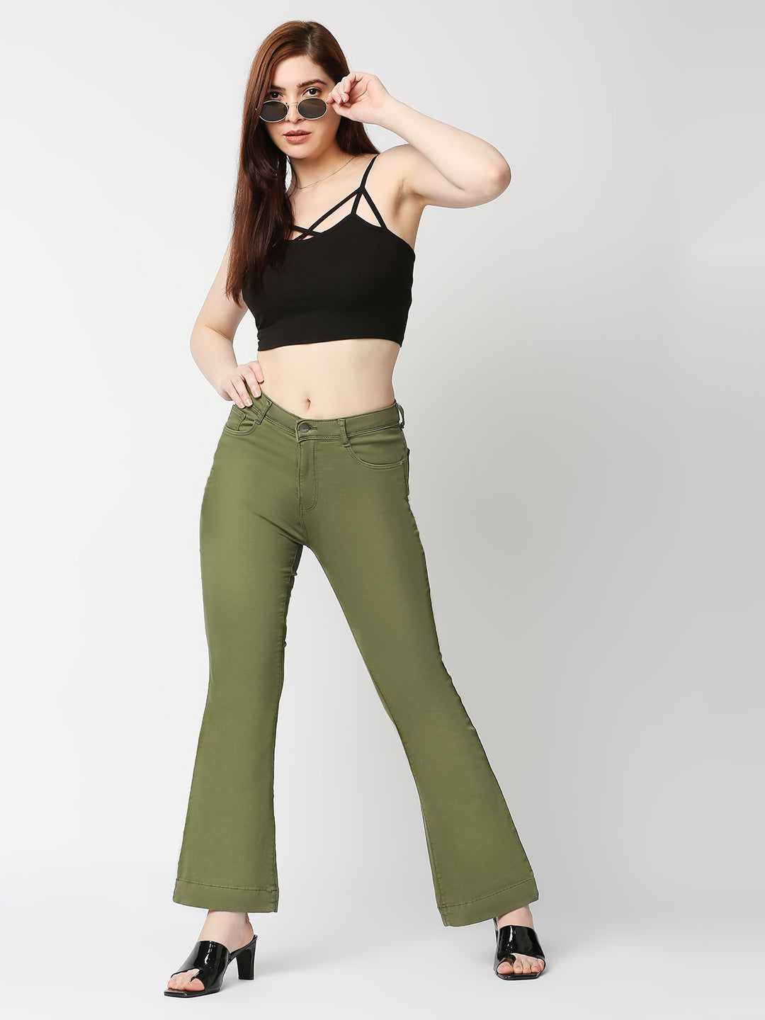 Women Olive High-Rise Flare Jeans