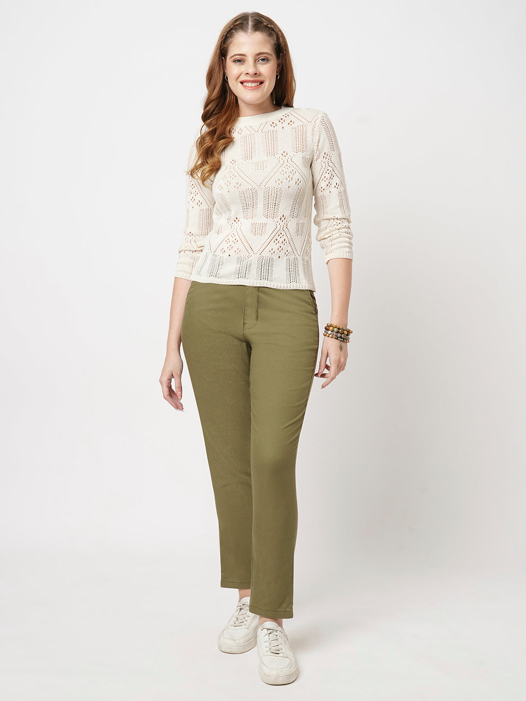 Women Light Olive Mid-Rise Slim Fit Trousers
