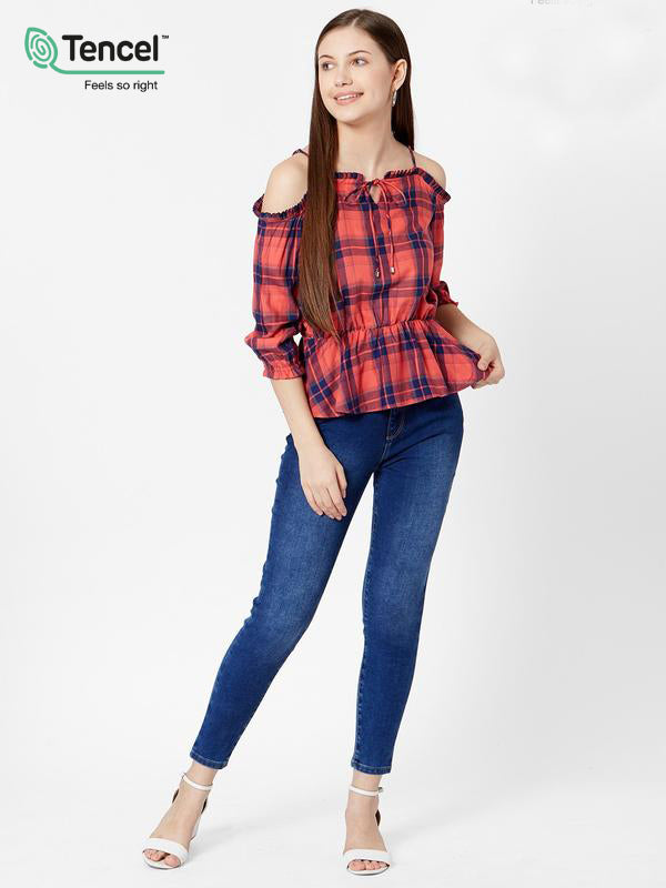 Women Navy/Coral Off Shoulder Top