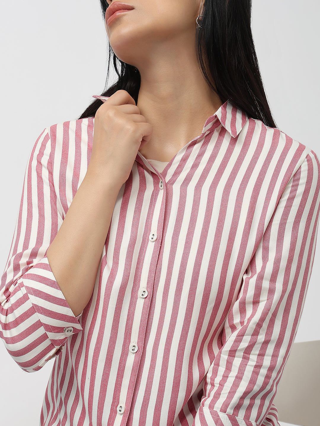 Women Dusty Pink/White Slim Fit Shirt