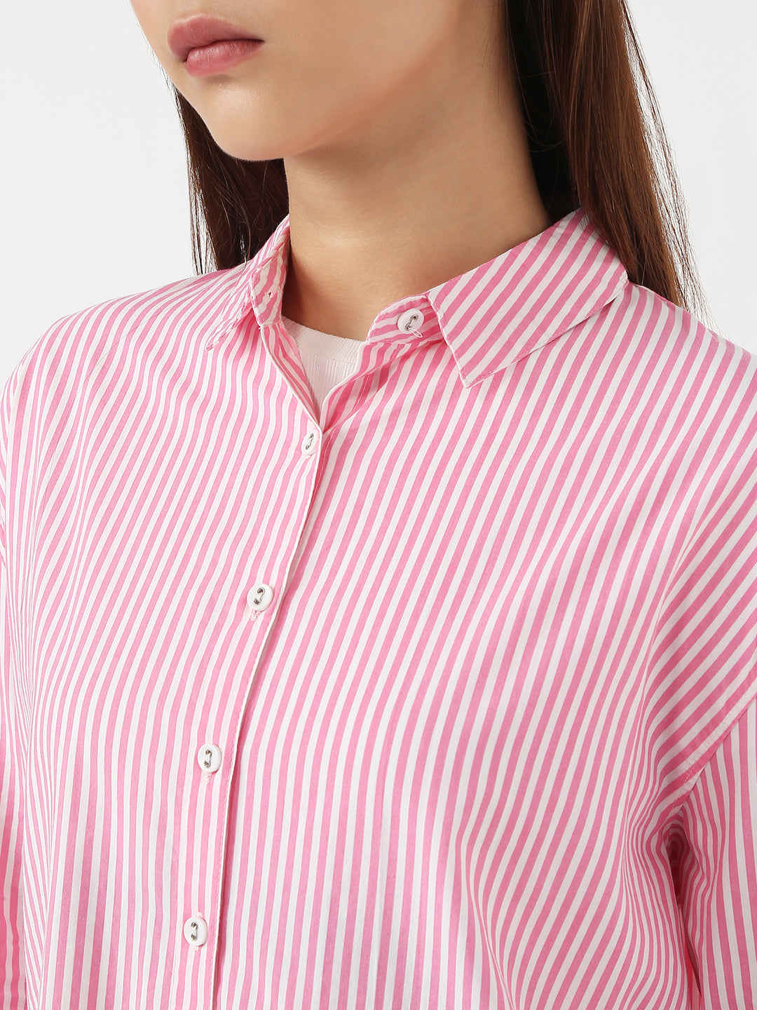 Women Pink/White Slim Oversized Shirt
