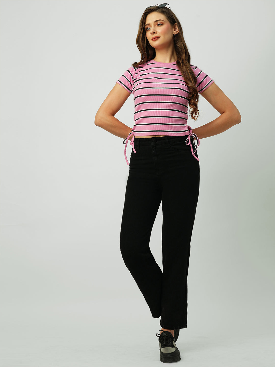 Women Striped Slim Fit Side Tie-Up Crop T-Shirt