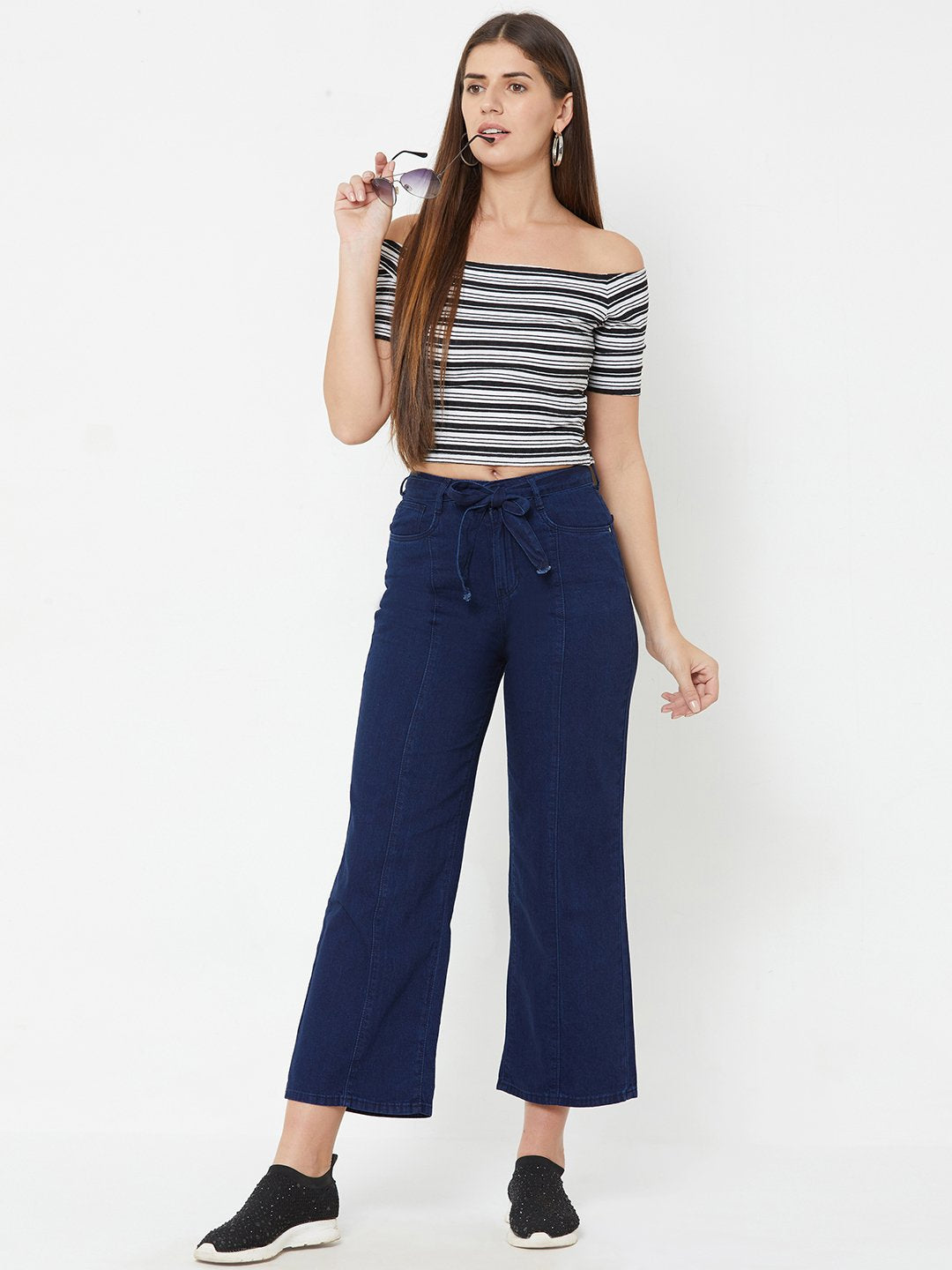 Women Dark Blue High-Rise Wide Leg Jeans