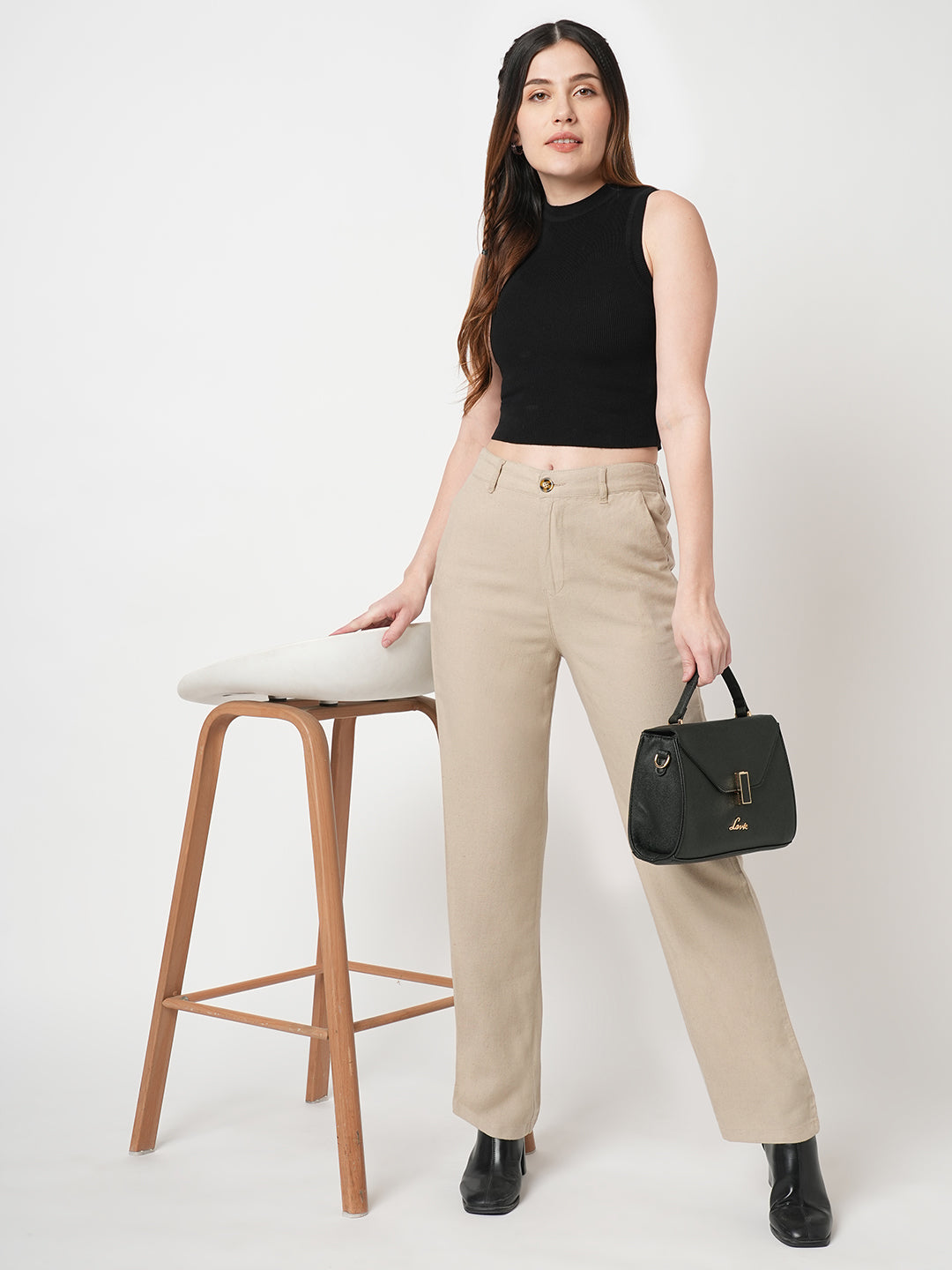Women Oatmilk High-Rise Loose Straight Korean Pants