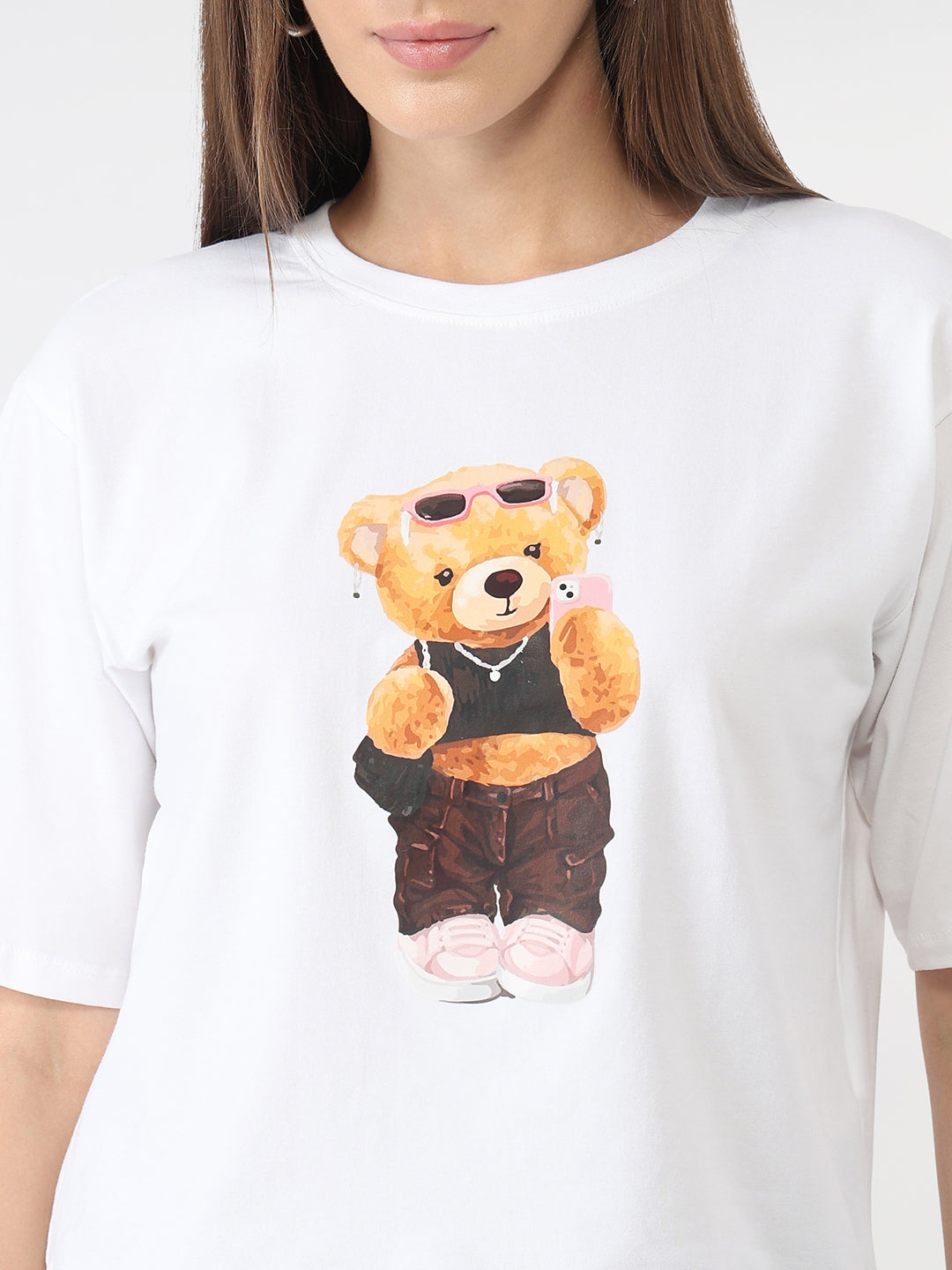 Women White Graphic Crop Slim T-Shirt
