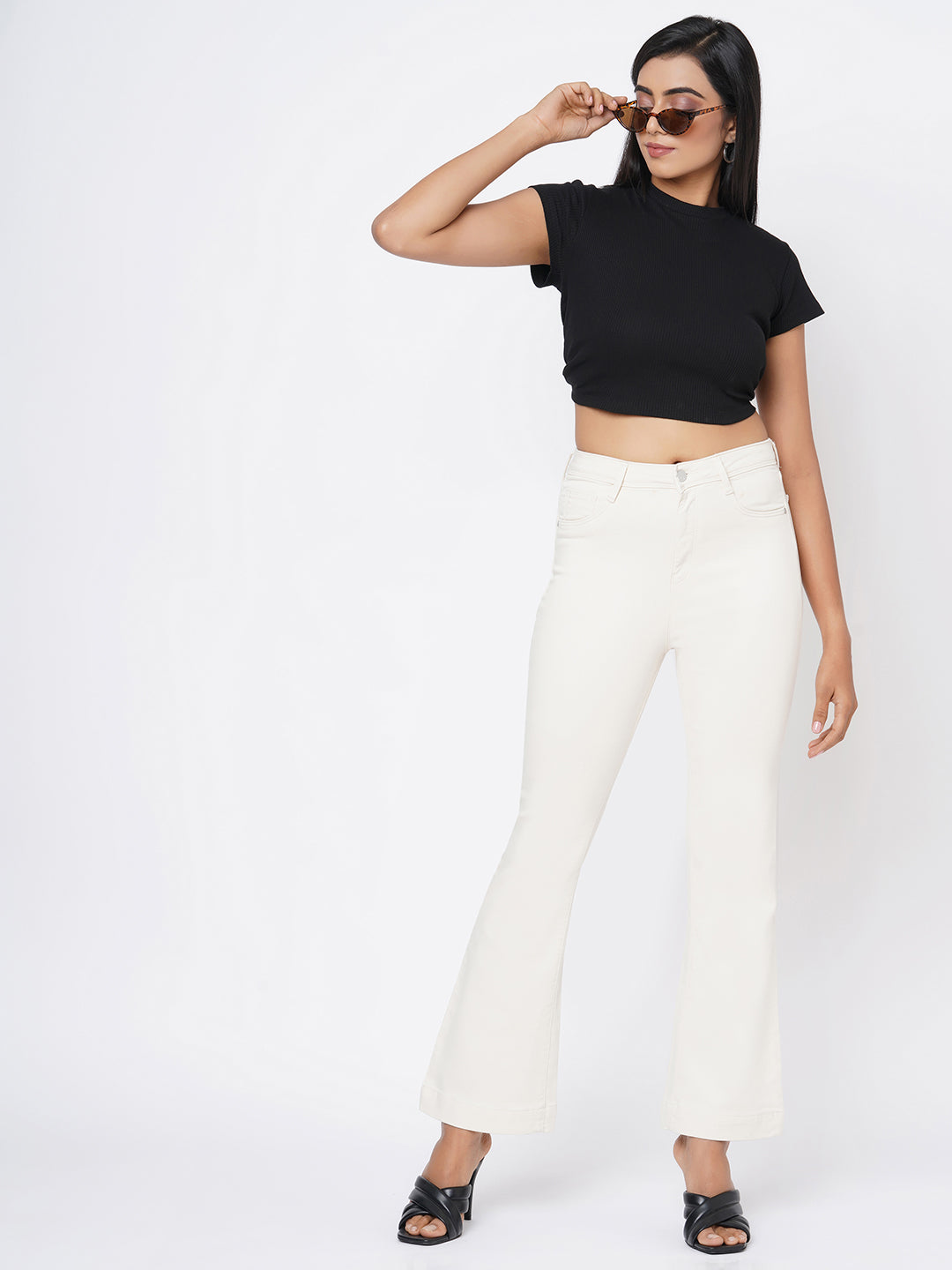 Women Ecru High-Rise Mini Flare Jeans