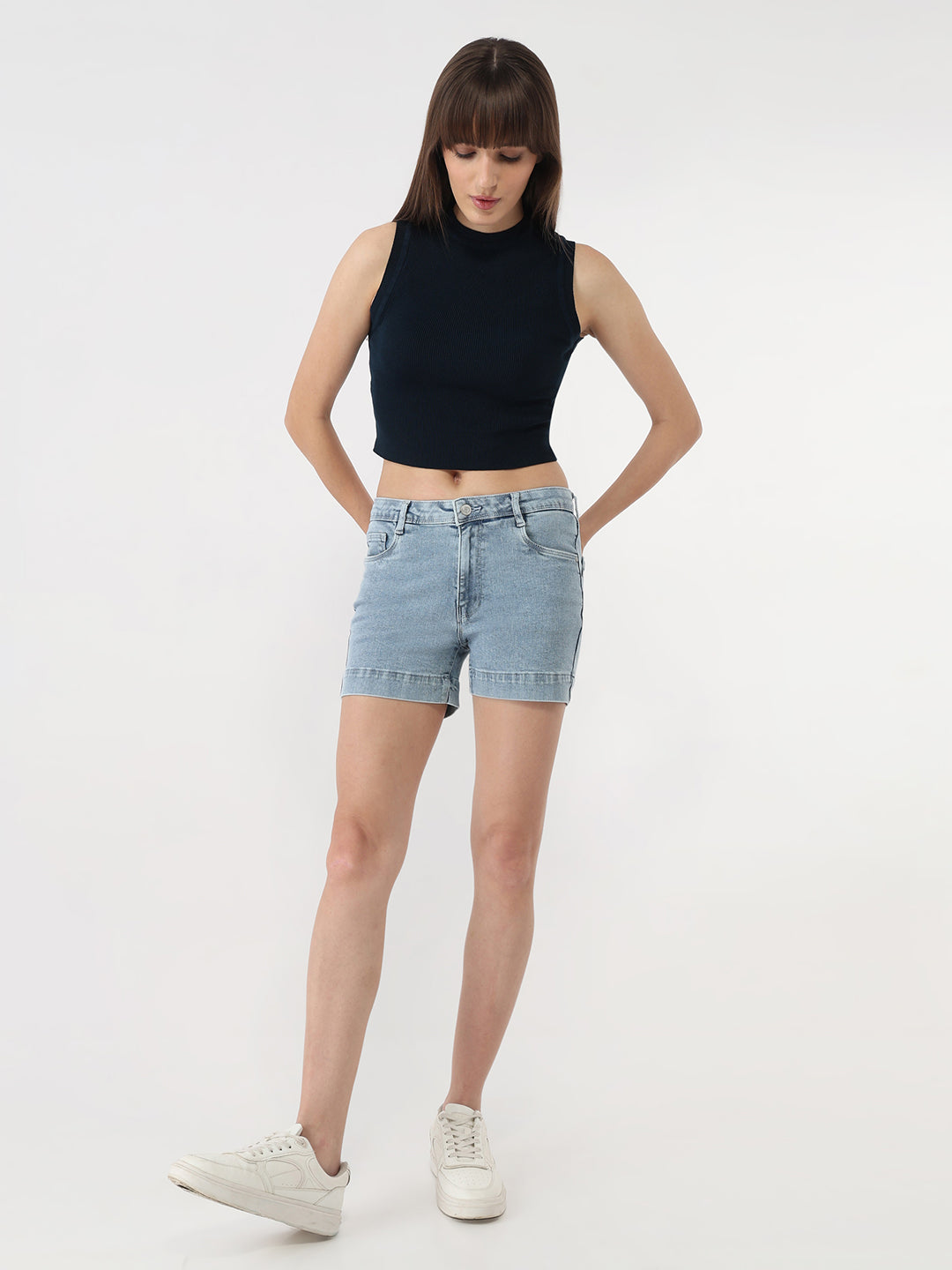 Women Light Blue High-Rise Slim Shorts