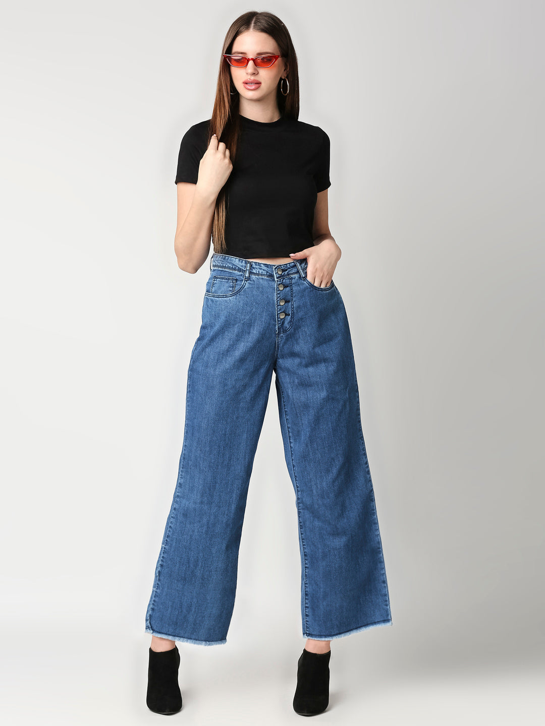 Women Blue High-Rise Wide Leg Jeans