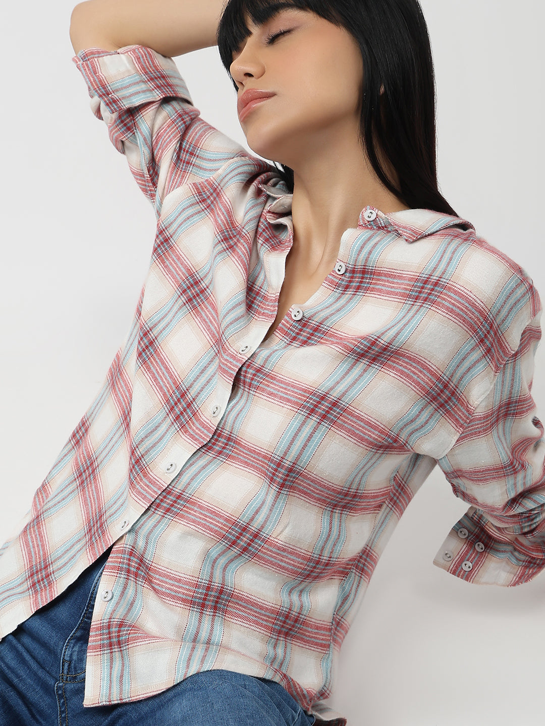 Women Red/Ivory Slim Fit Oversized Shirt
