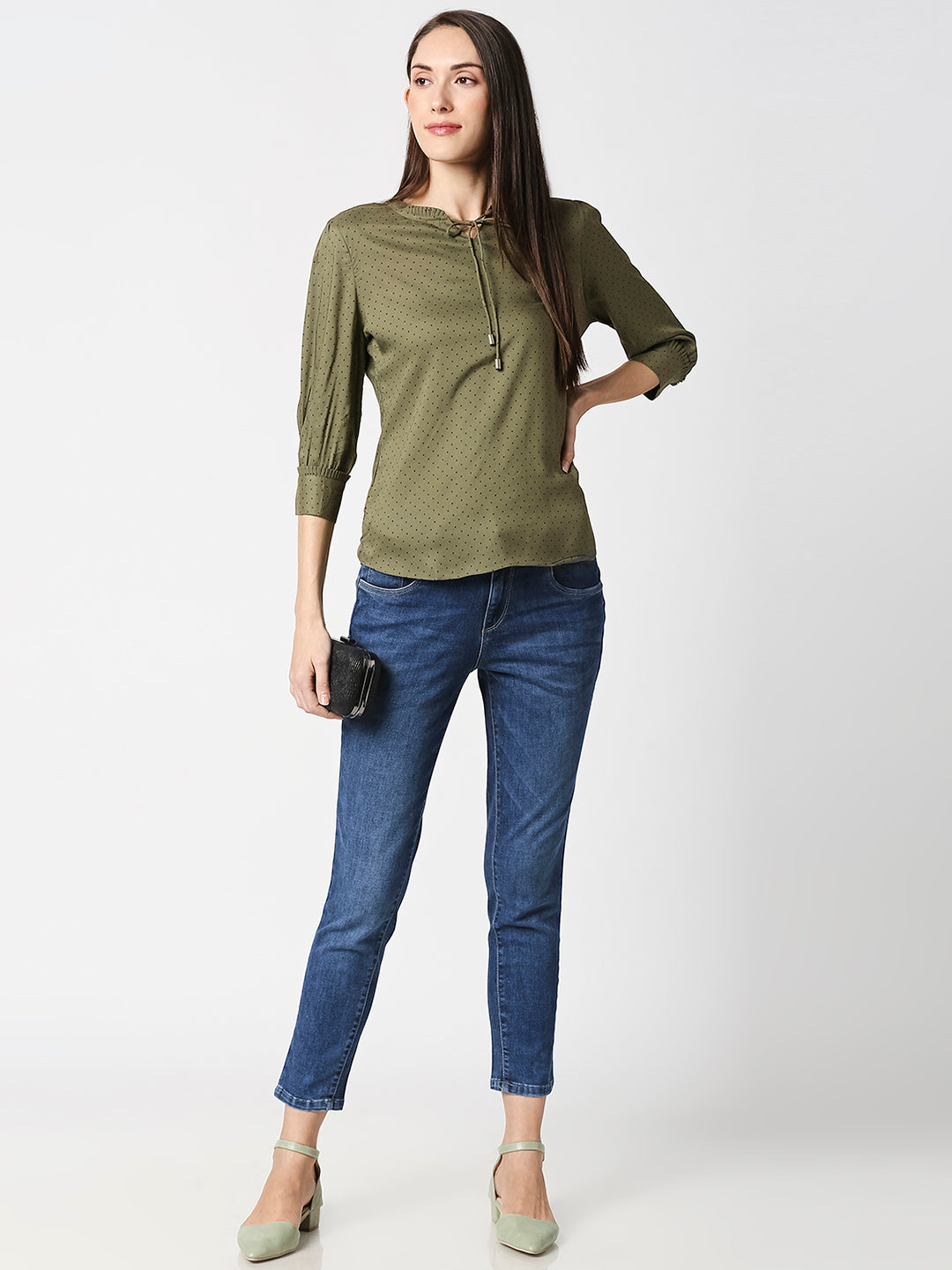 Women Olive Polka Dot Top