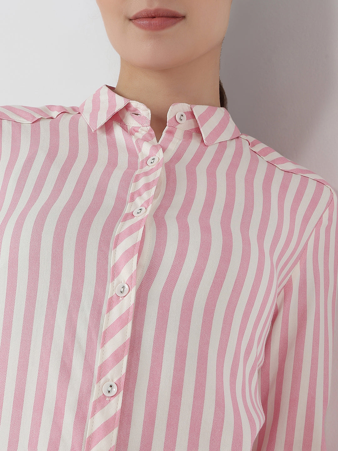 Women Pink/White Slim Fit Shirt