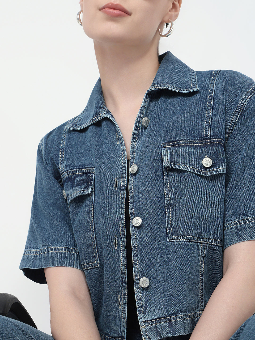 Women Blue Slim Fit Crop Shirt