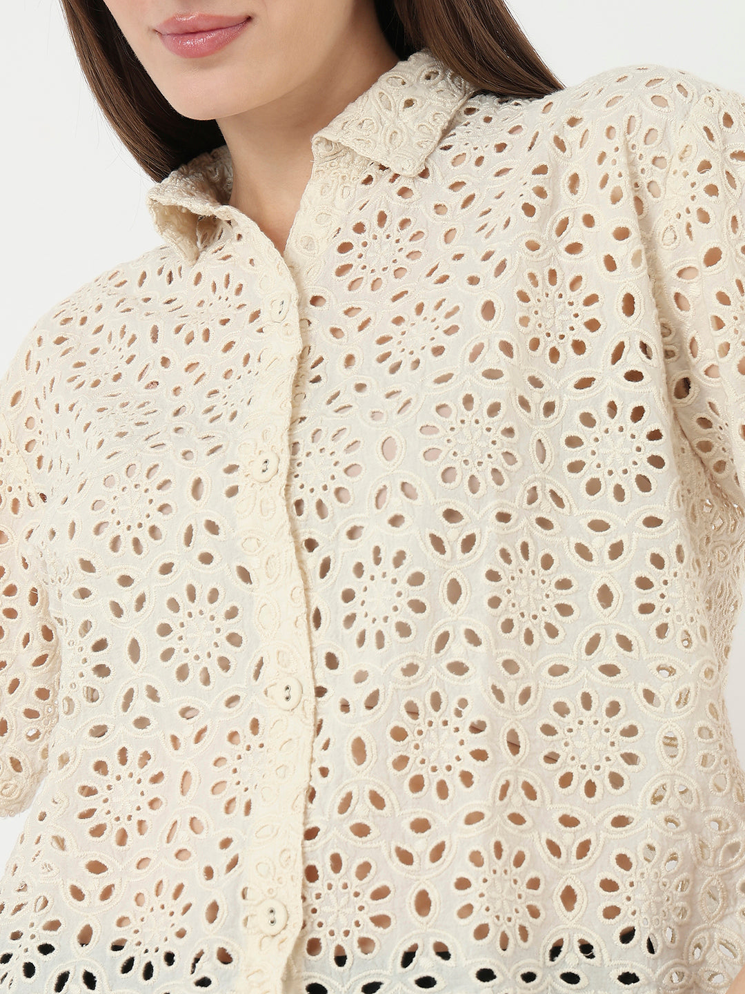 Women Ivory Slim Fit Crop Shirt