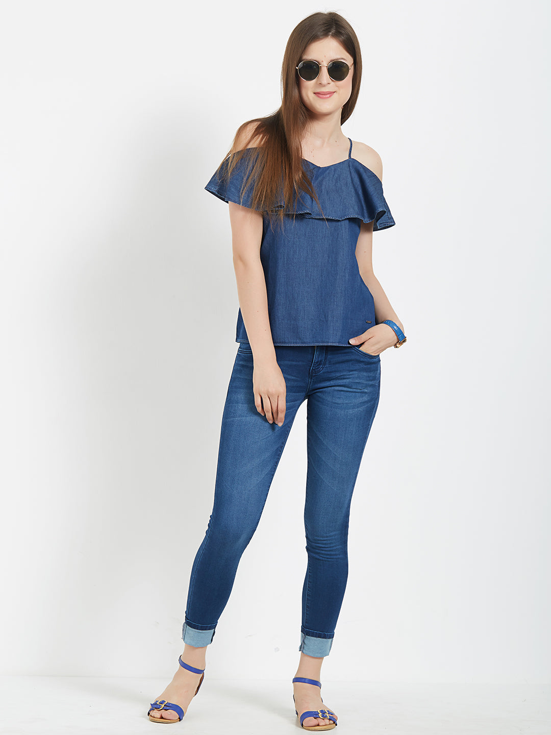 Women Blue Off Shoulder Top