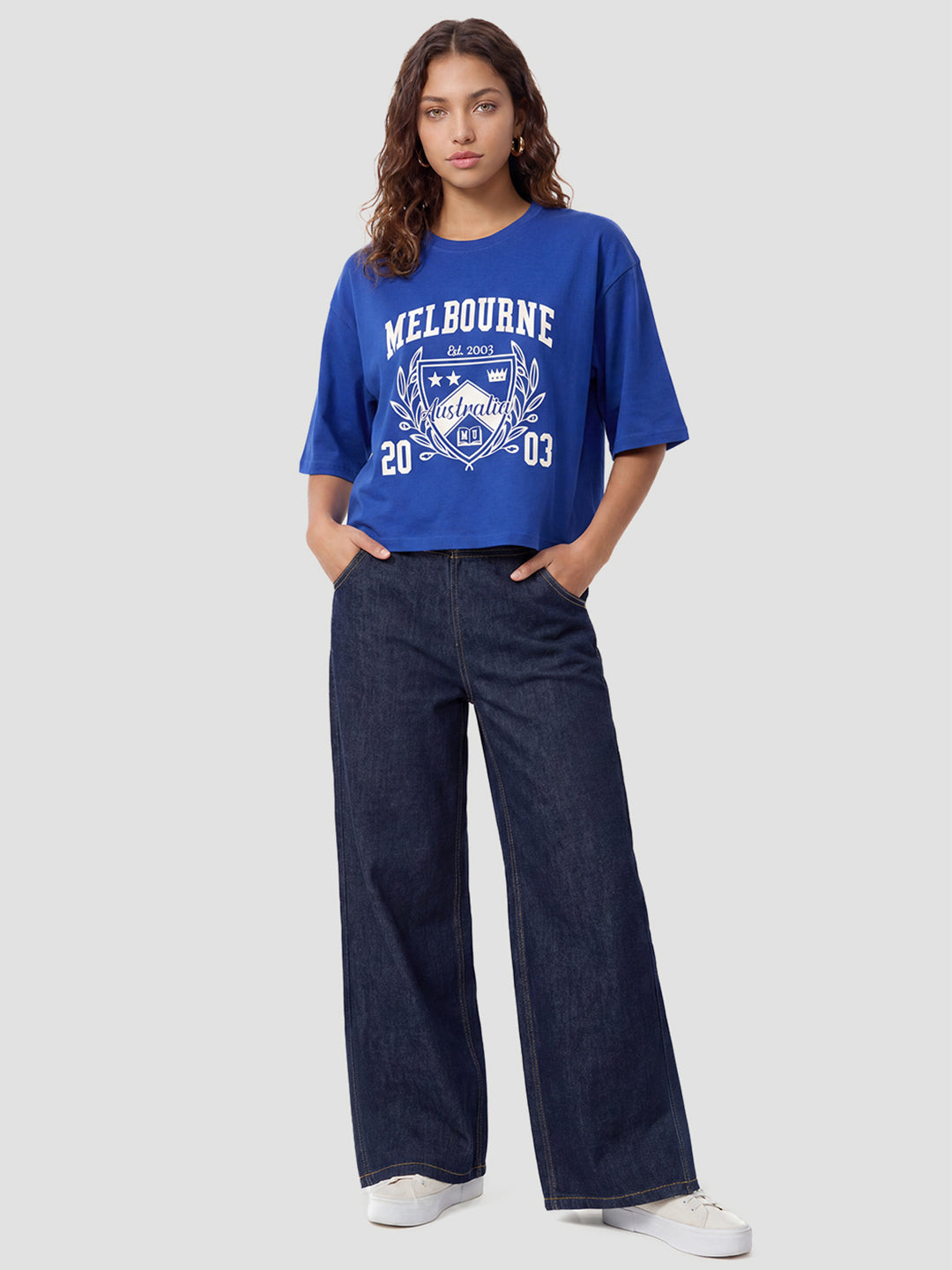 Women Indigo Graphic Print Crop Tees