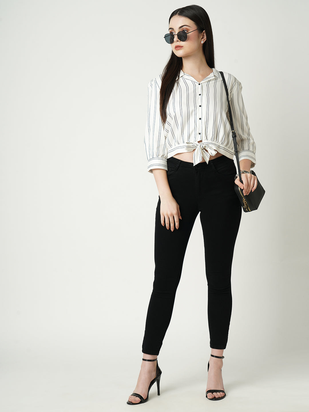 Women Black & White Slim Crop Shirt